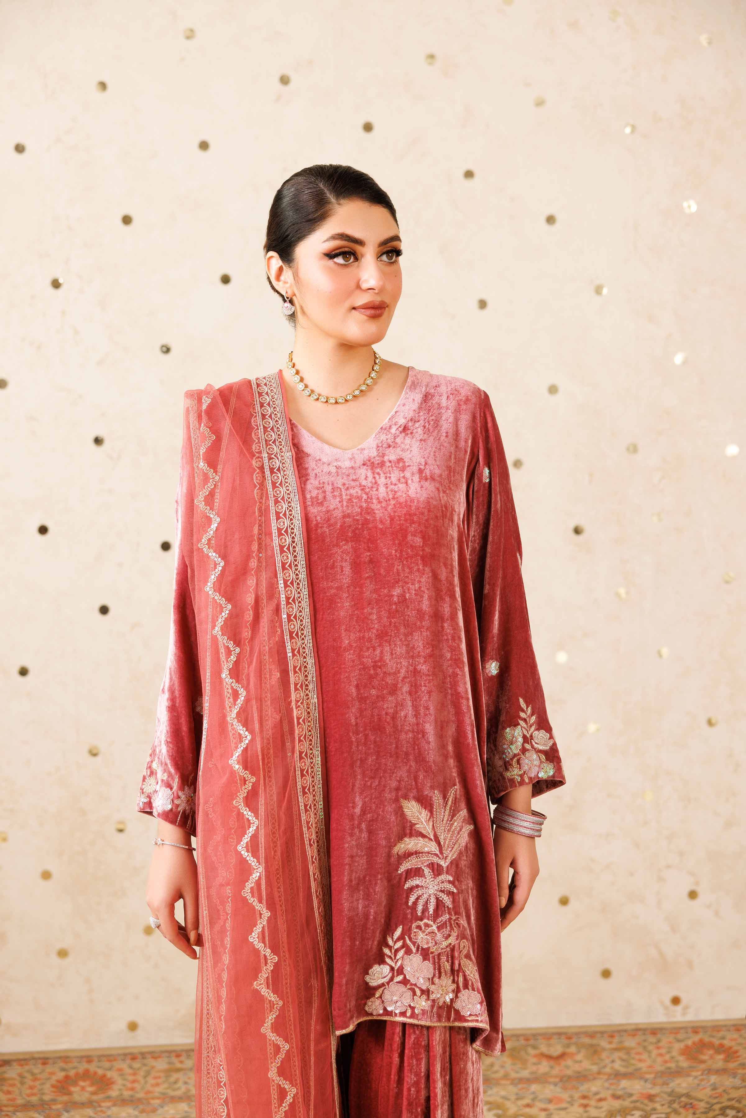 NishatUK - Tea Pink Embroidered Velvet 3-piece ready to wear Suit