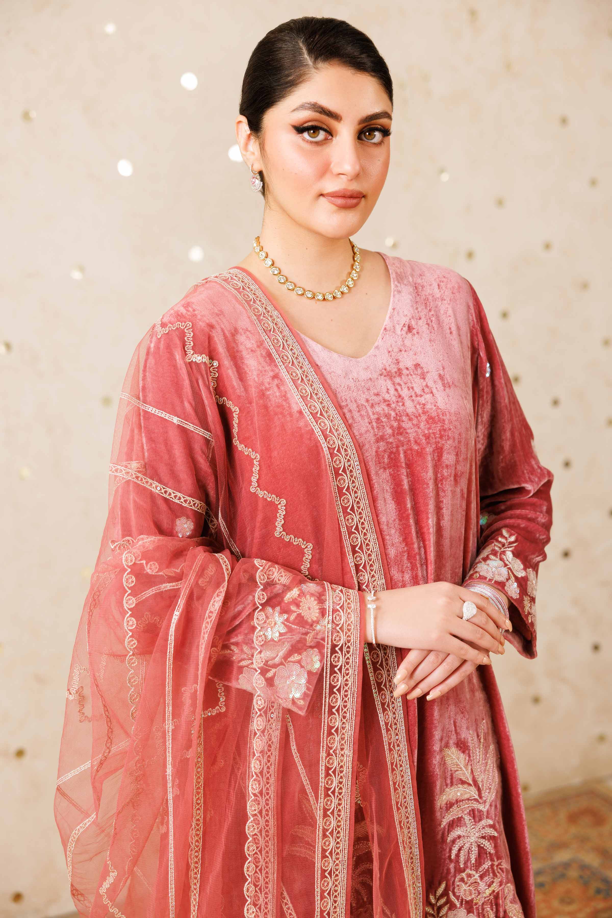 NishatUK - Tea Pink Embroidered Velvet 3-piece ready to wear Suit