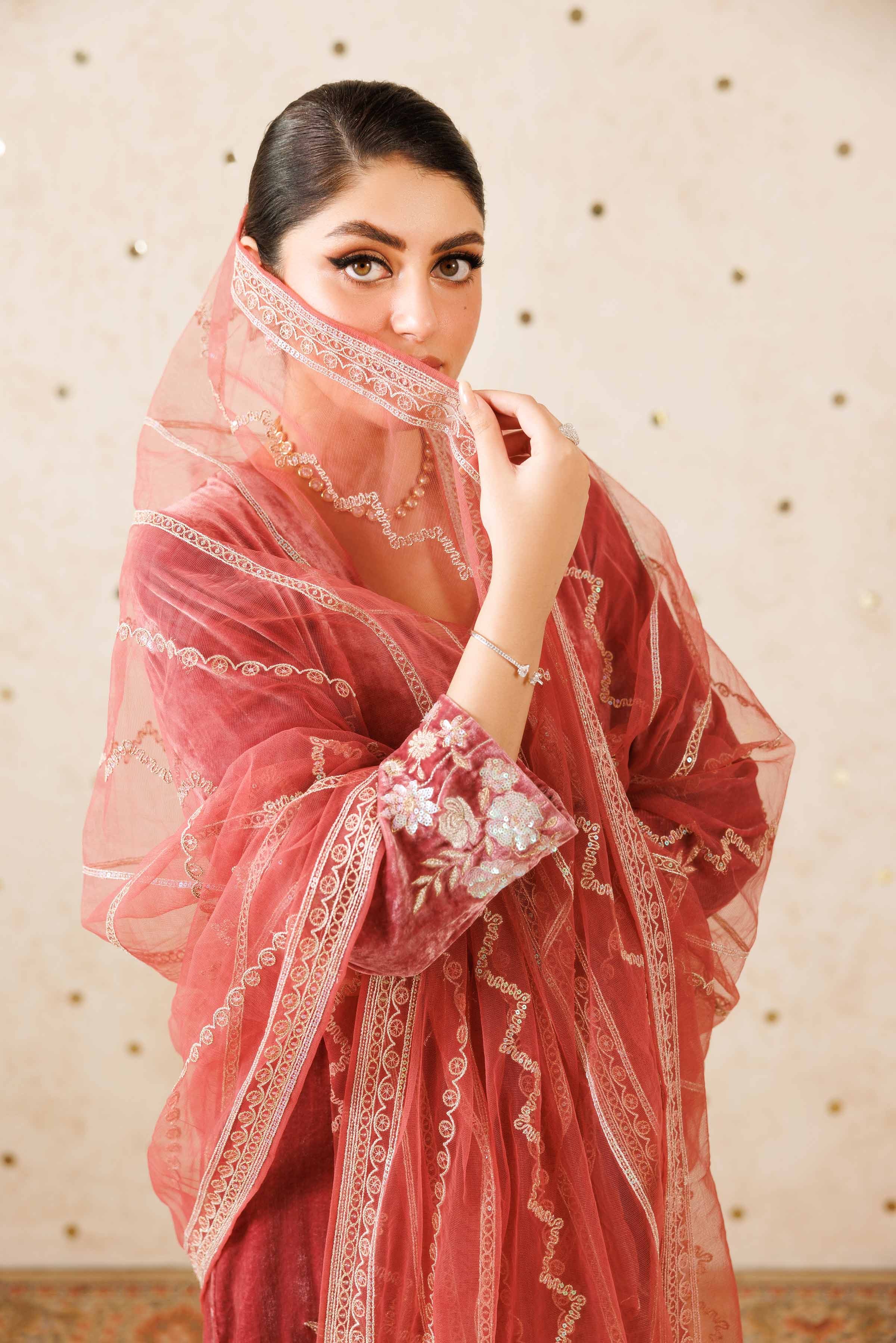 NishatUK - Tea Pink Embroidered Velvet 3-piece ready to wear Suit