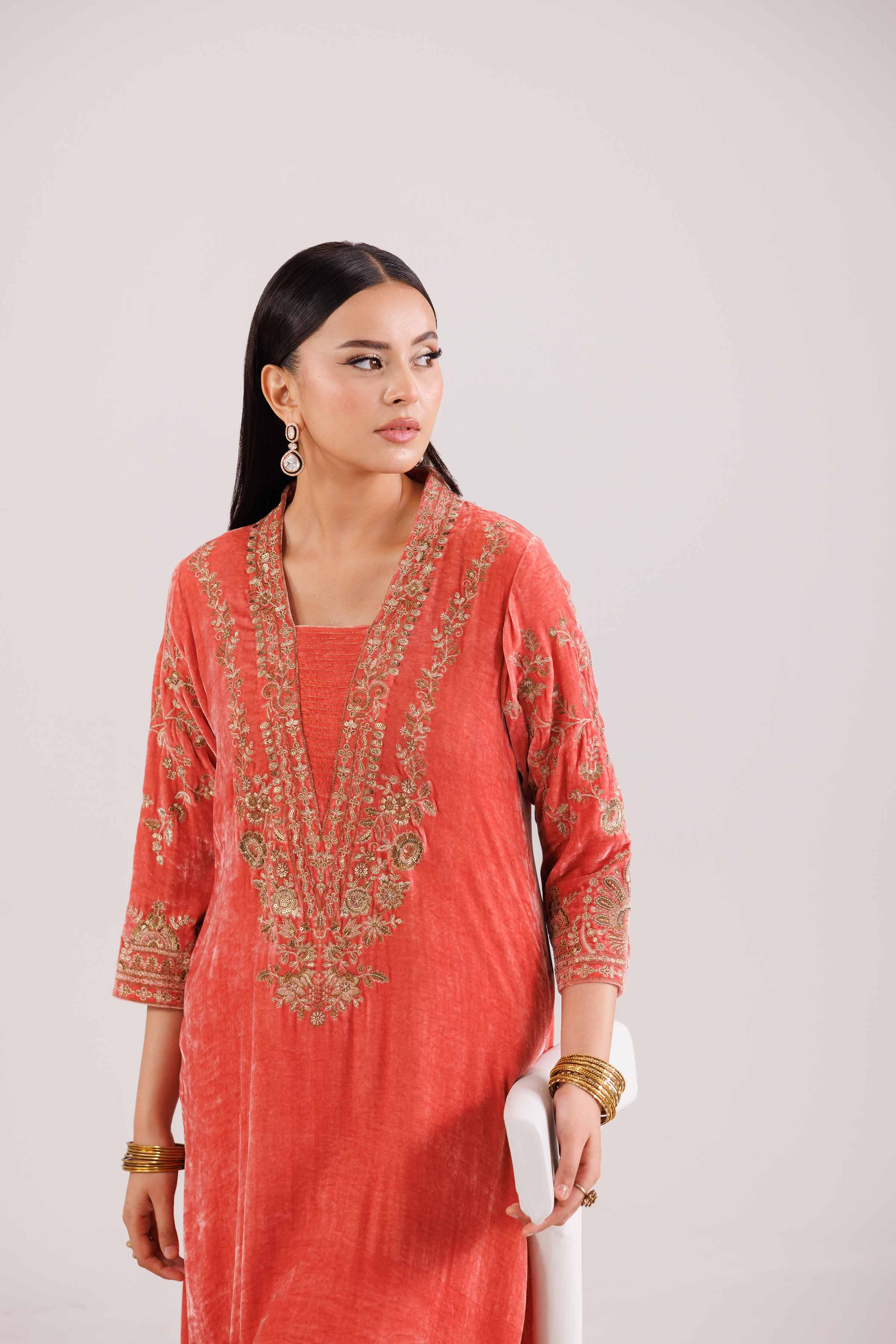 NishatUK - Coral Embroidered Velvet 2-piece ready to wear Luxury Dress