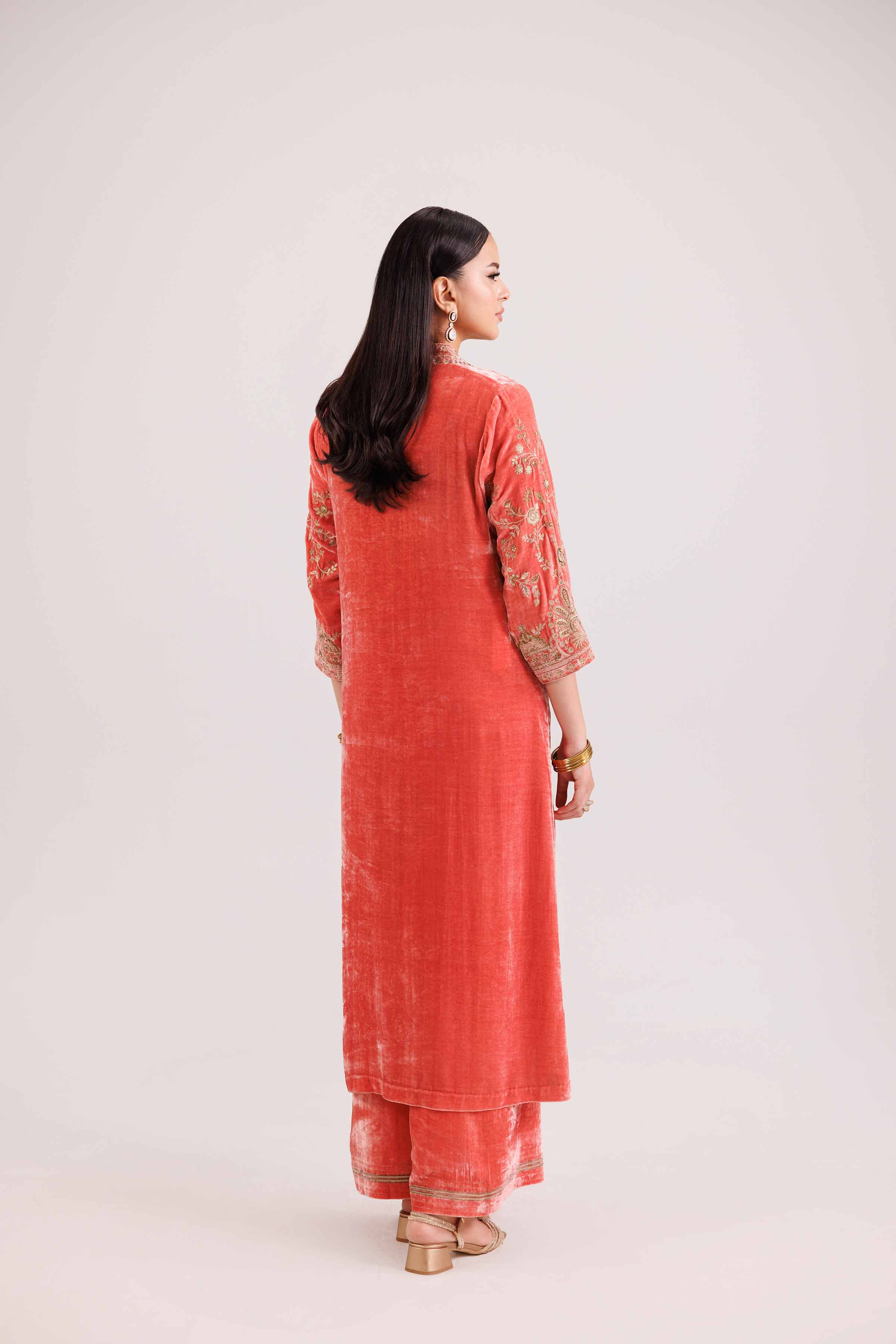 NishatUK - Coral Embroidered Velvet 2-piece ready to wear Luxury Dress