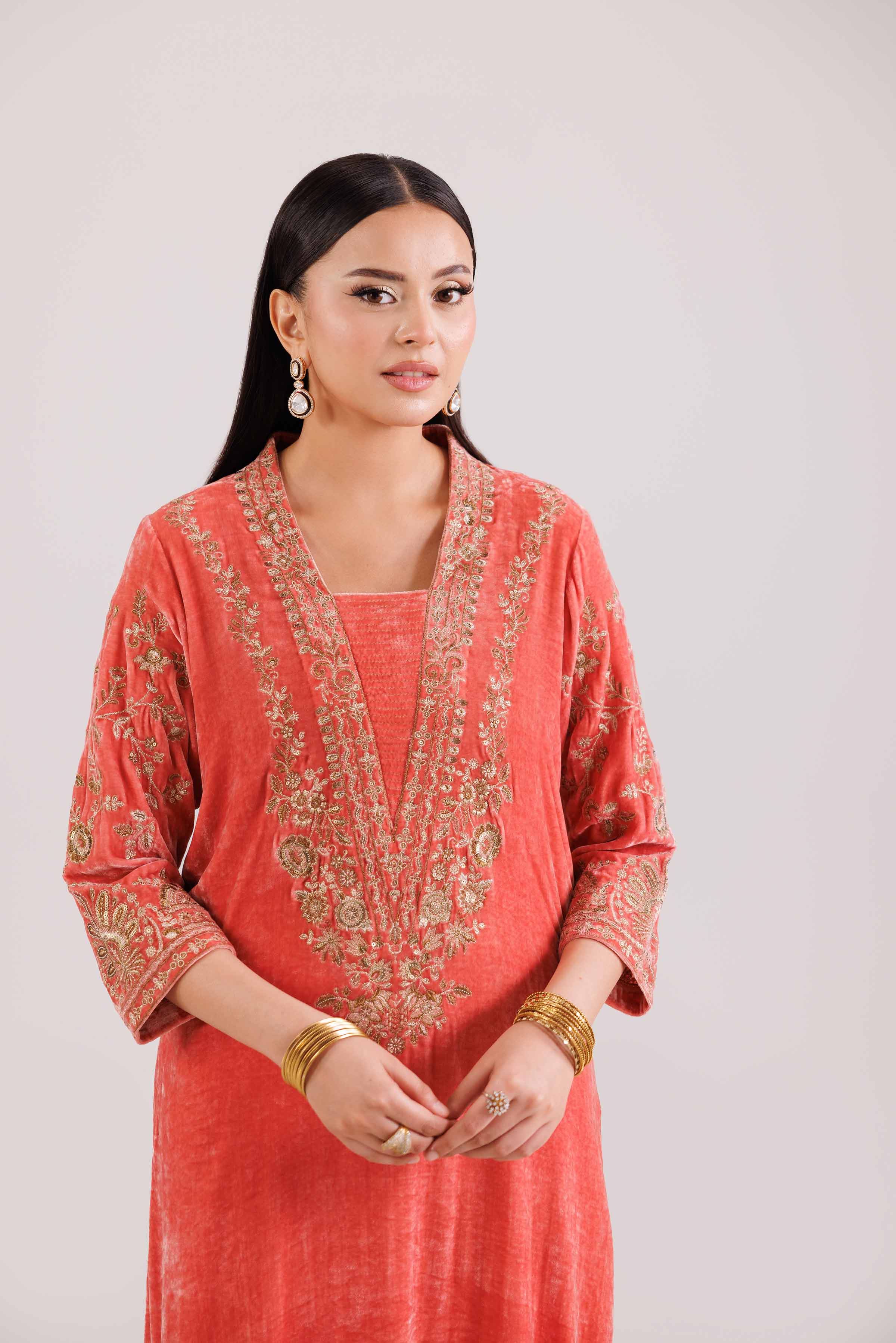 NishatUK - Coral Embroidered Velvet 2-piece ready to wear Luxury Dress