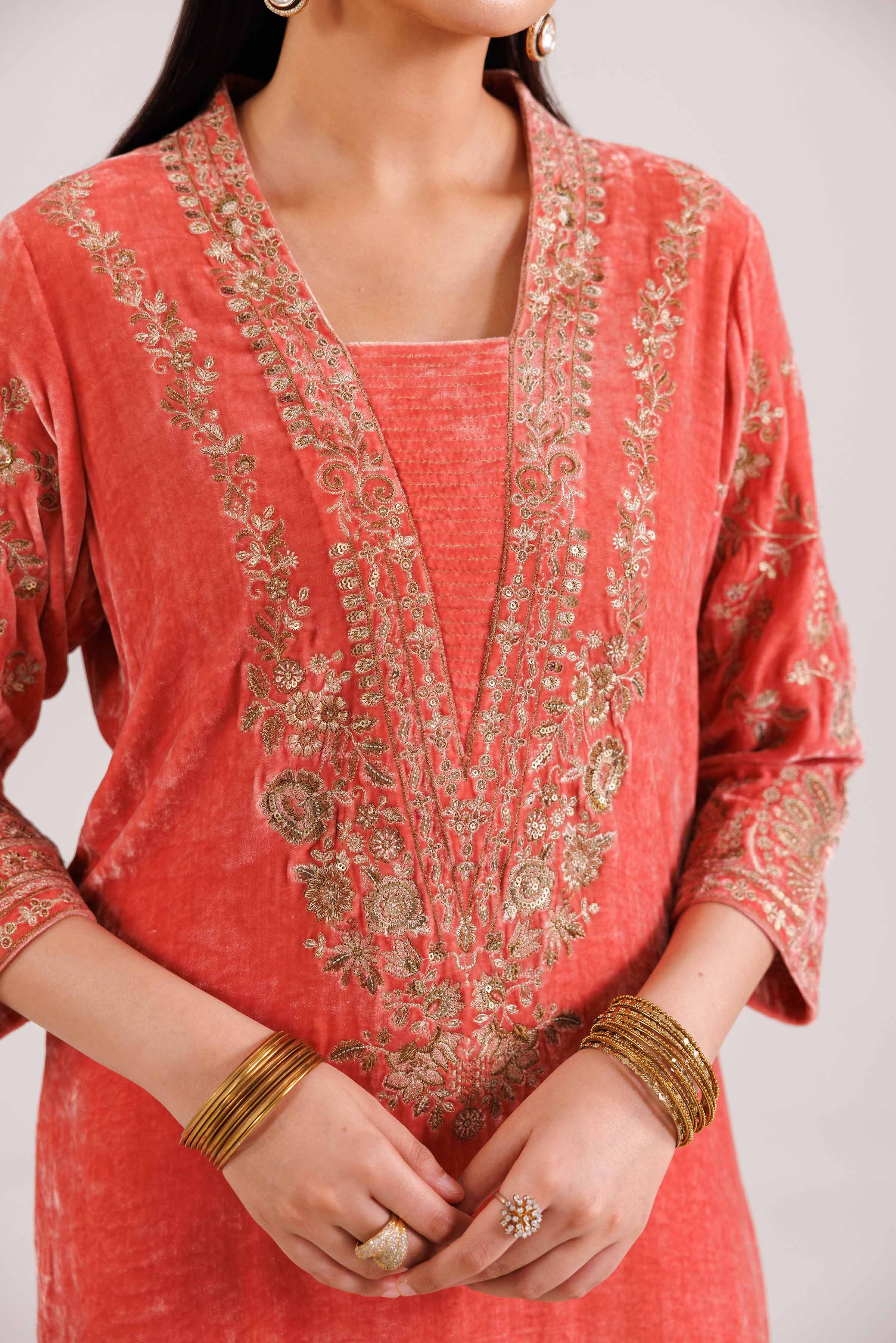 NishatUK - Coral Embroidered Velvet 2-piece ready to wear Luxury Dress