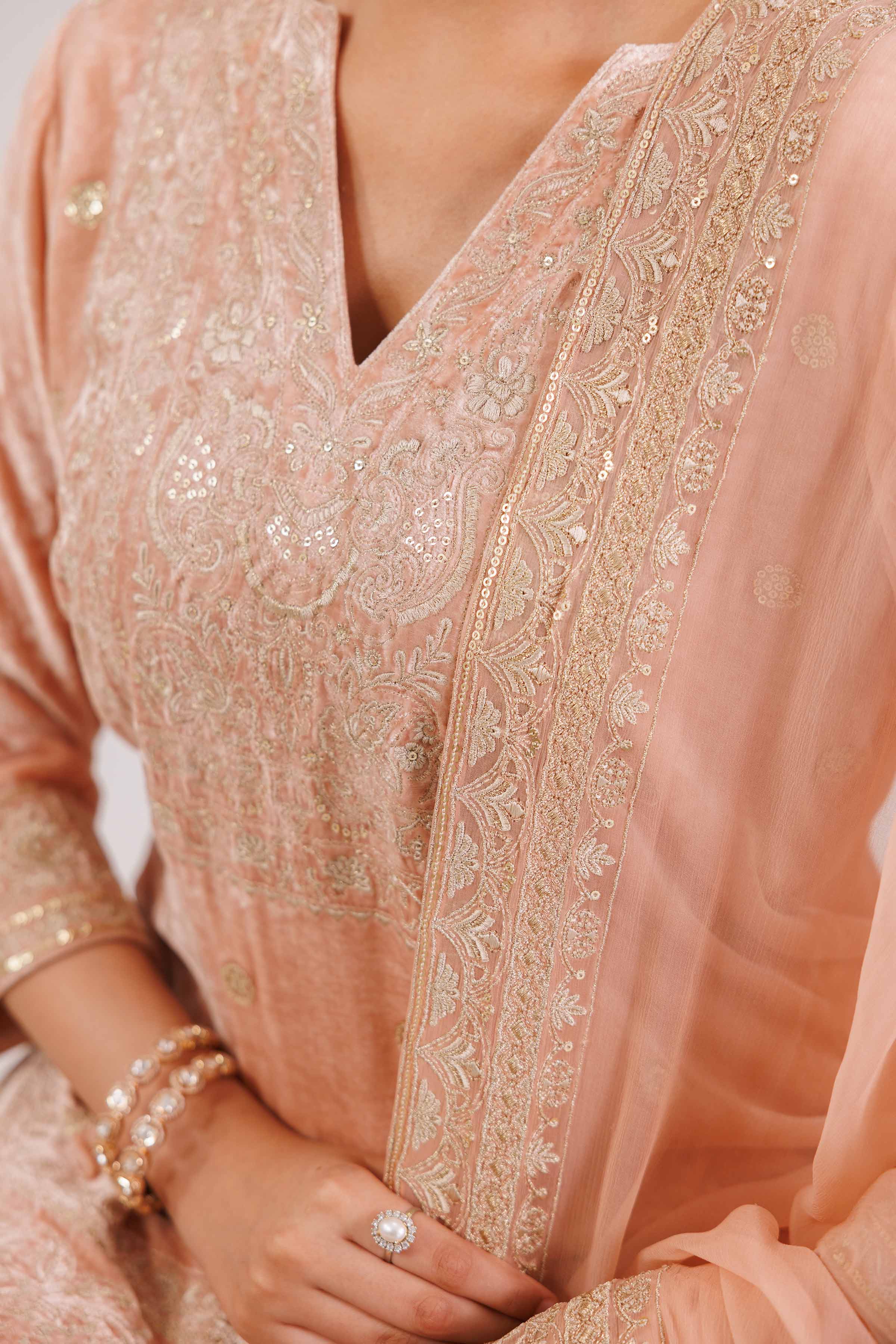 NishatUK - Peach Embroidered Velvet 3-piece ready to wear Suit