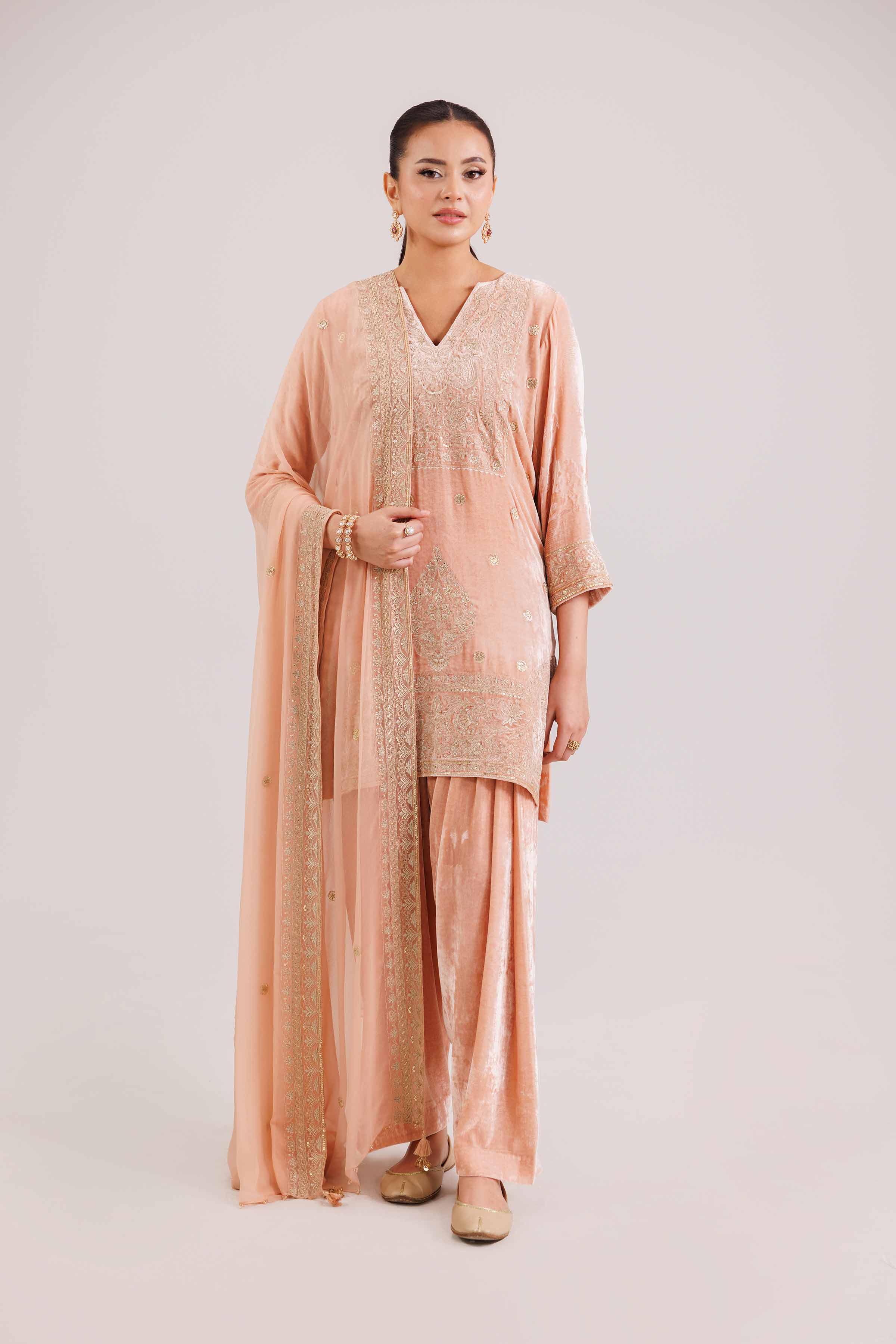 NishatUK - Peach Embroidered Velvet 3-piece ready to wear Suit