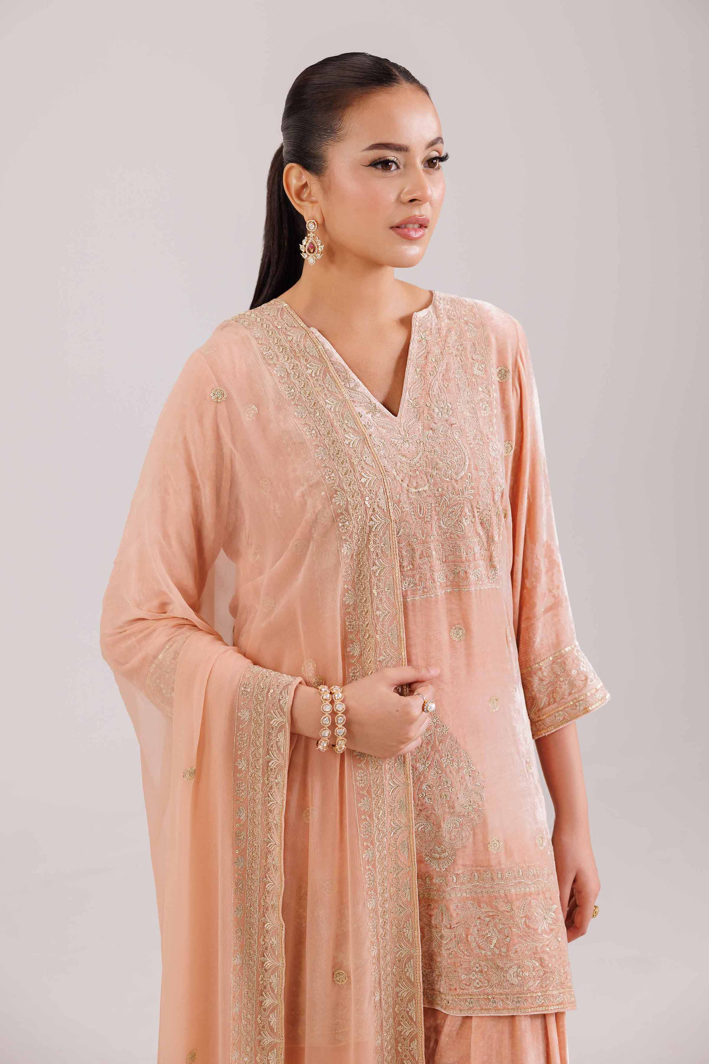 NishatUK - Peach Embroidered Velvet 3-piece ready to wear Suit