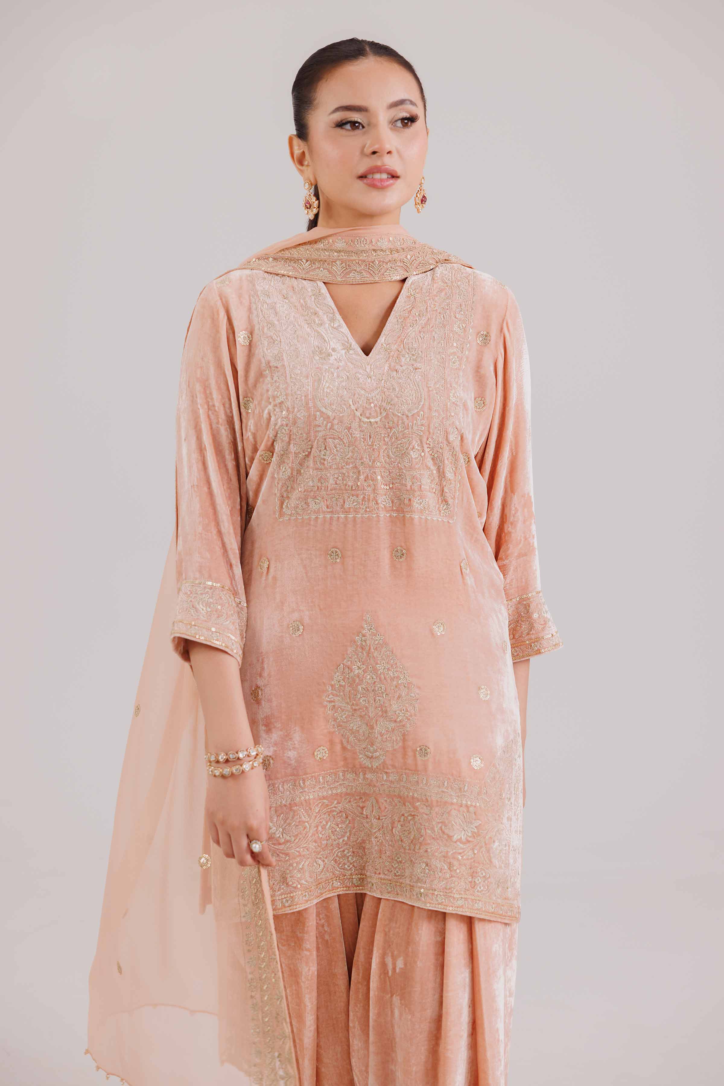 NishatUK - Peach Embroidered Velvet 3-piece ready to wear Suit