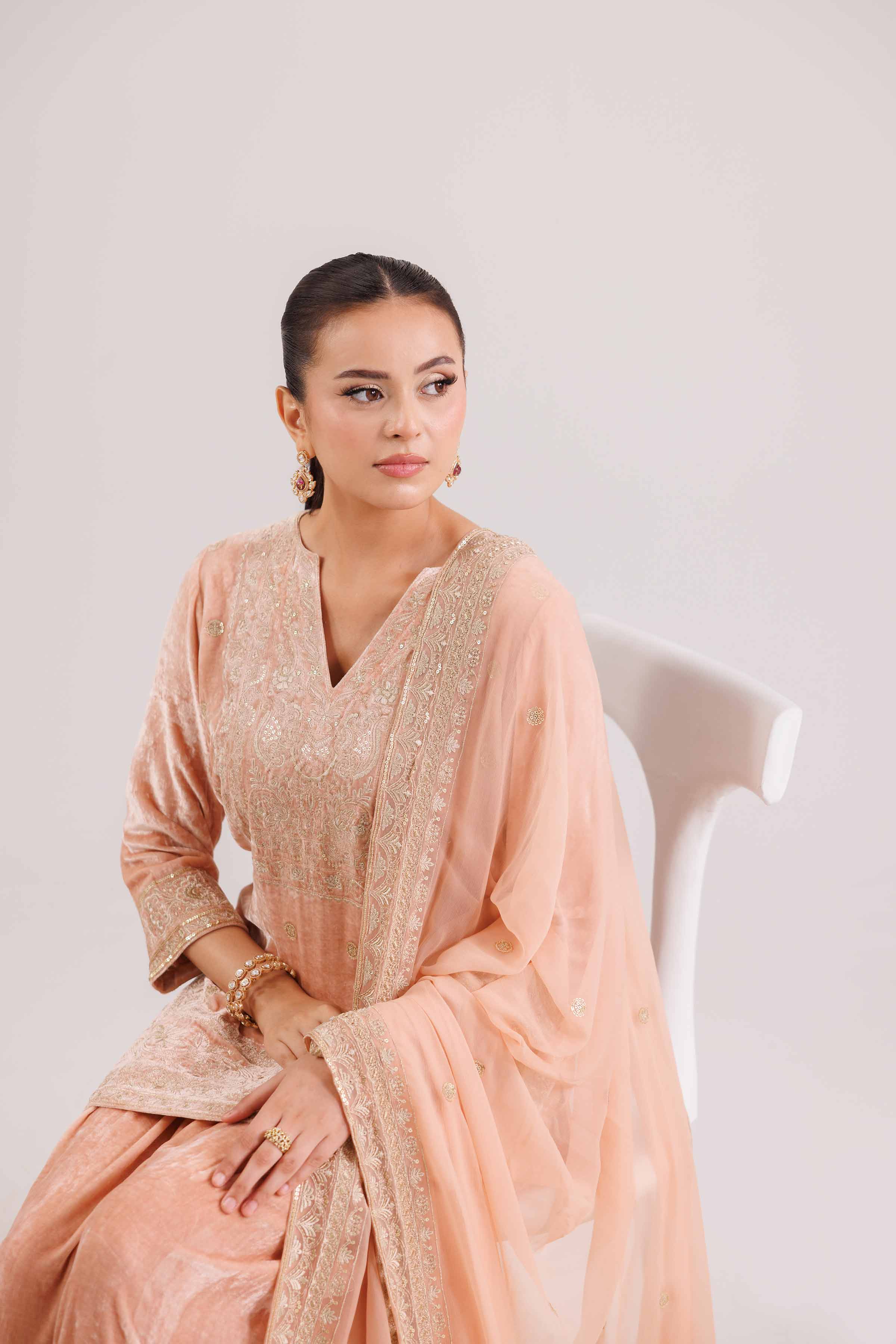 NishatUK - Peach Embroidered Velvet 3-piece ready to wear Suit