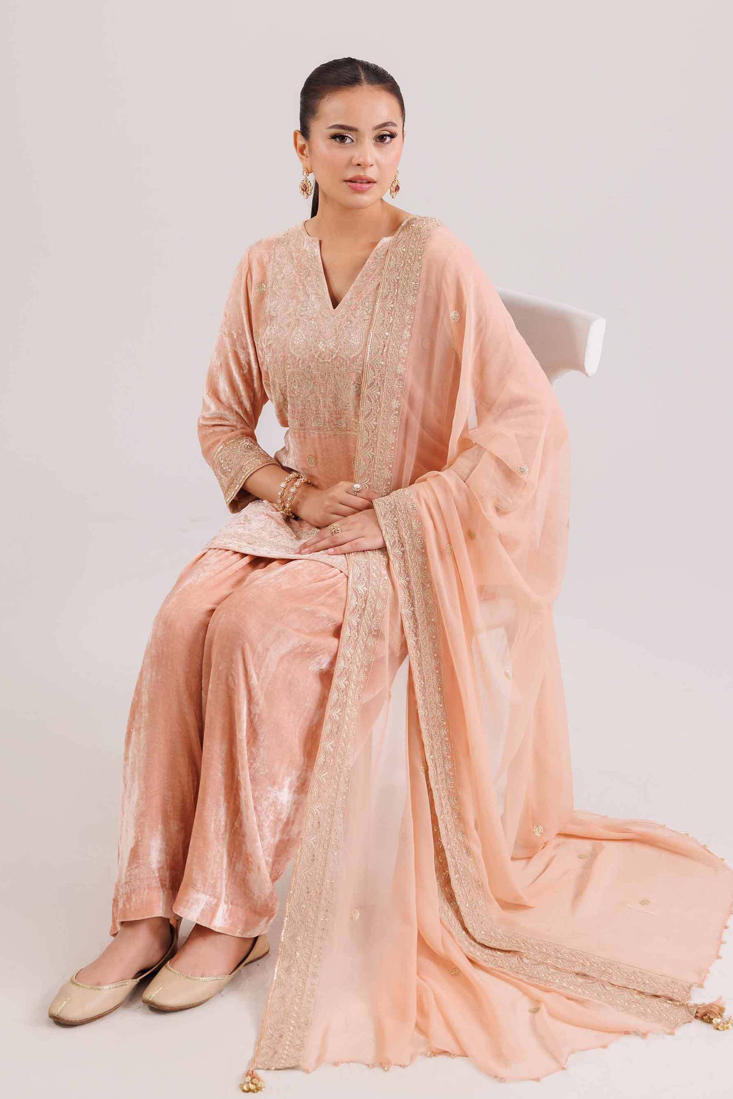 NishatUK - Peach Embroidered Velvet 3-piece ready to wear Suit