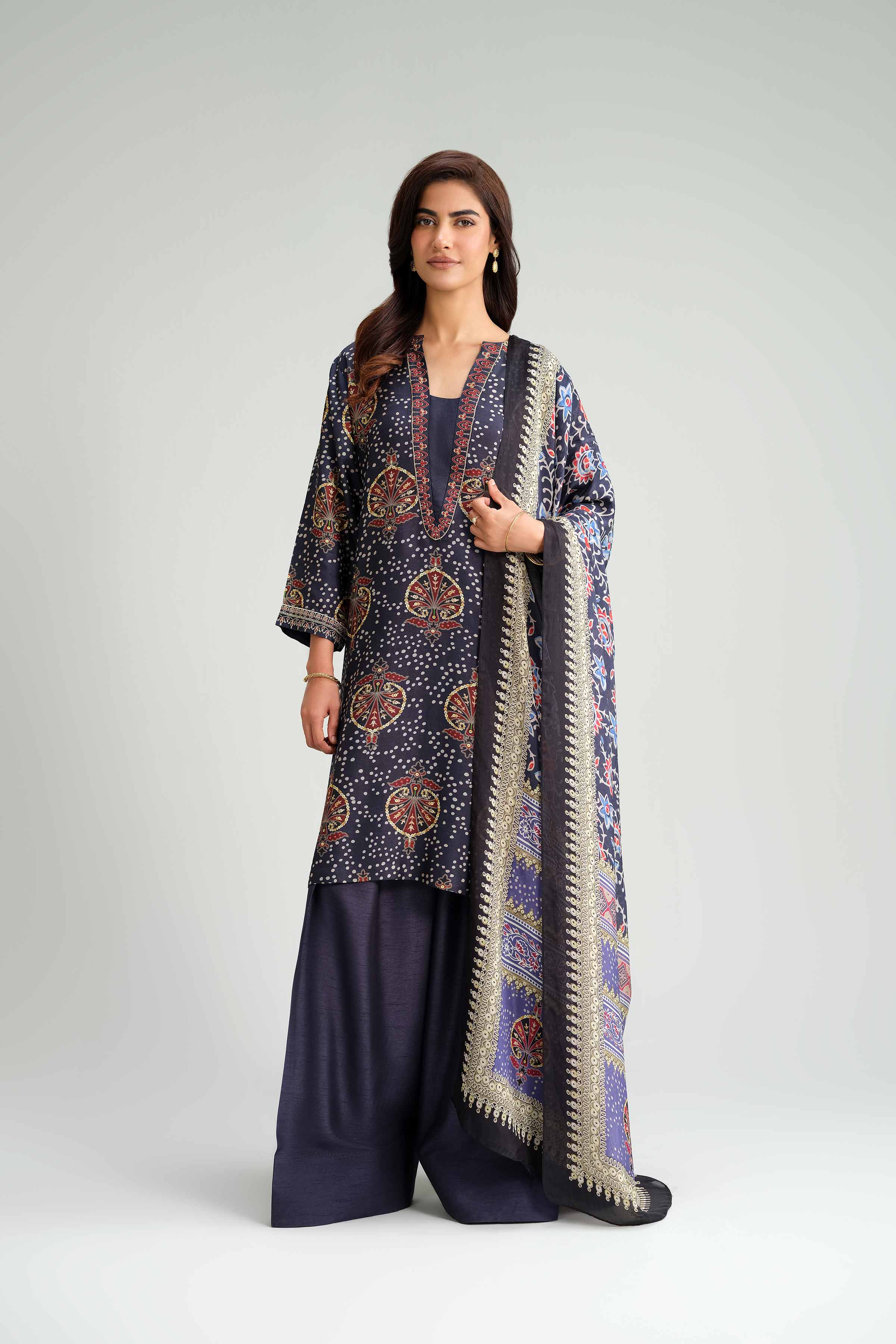 NishatUK - Blue Embroidered Silk 3-piece ready to wear-luxury Suit