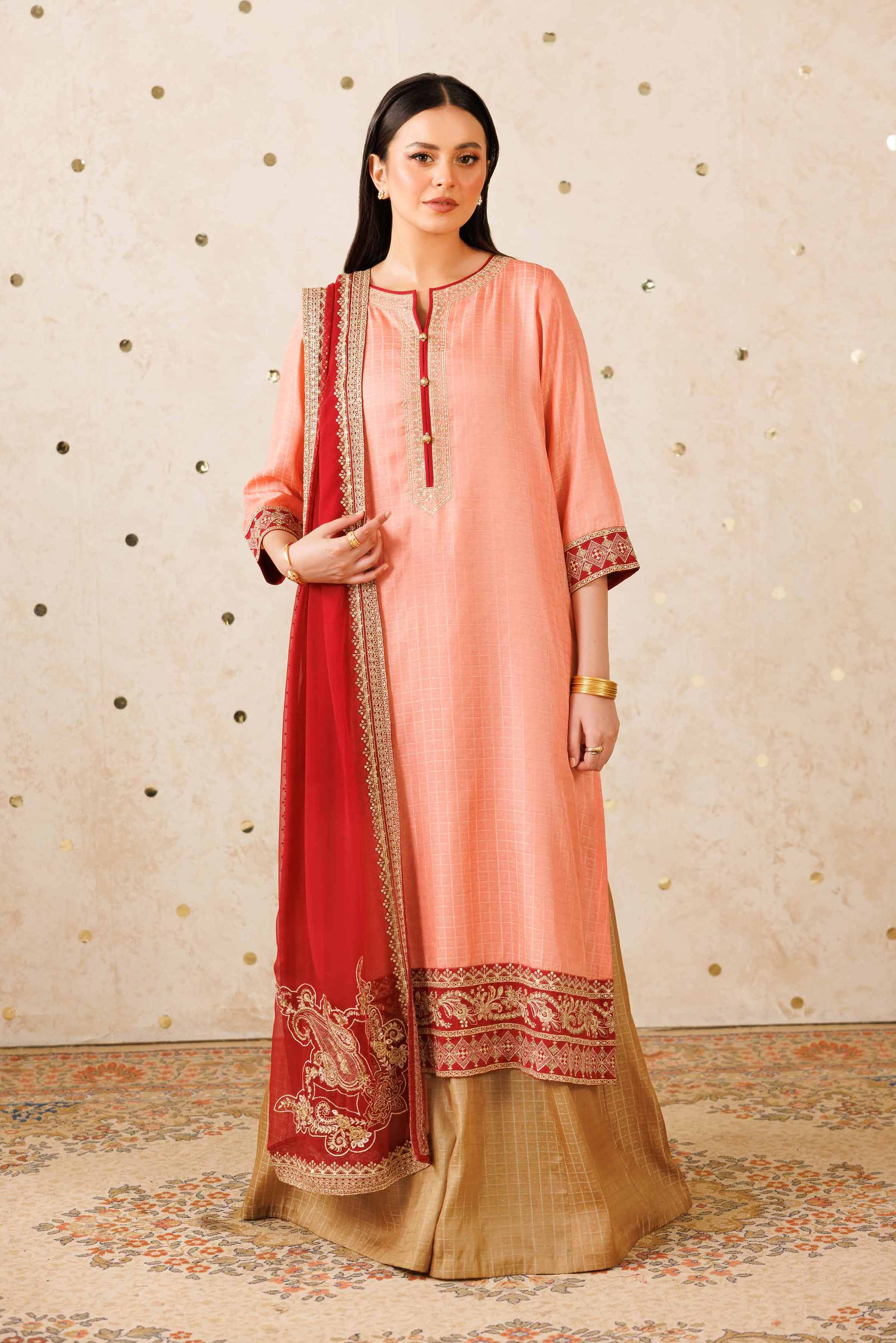 NishatUK - Peach Embroidered Polyester 3-piece ready to wear Suit