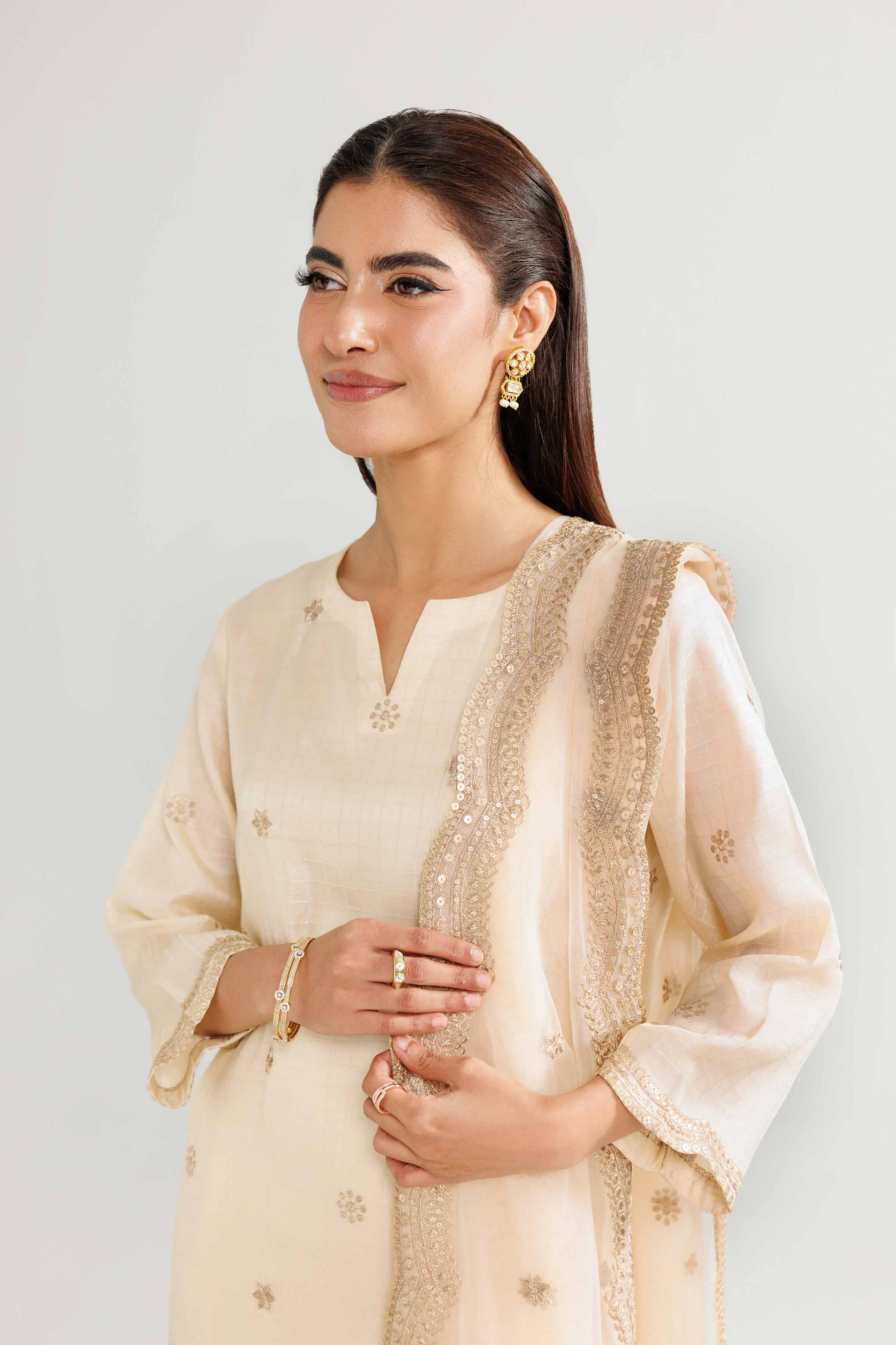 NishatUK - Beige Embroidered Fancy Tussar 3-piece ready to wear luxury suit
