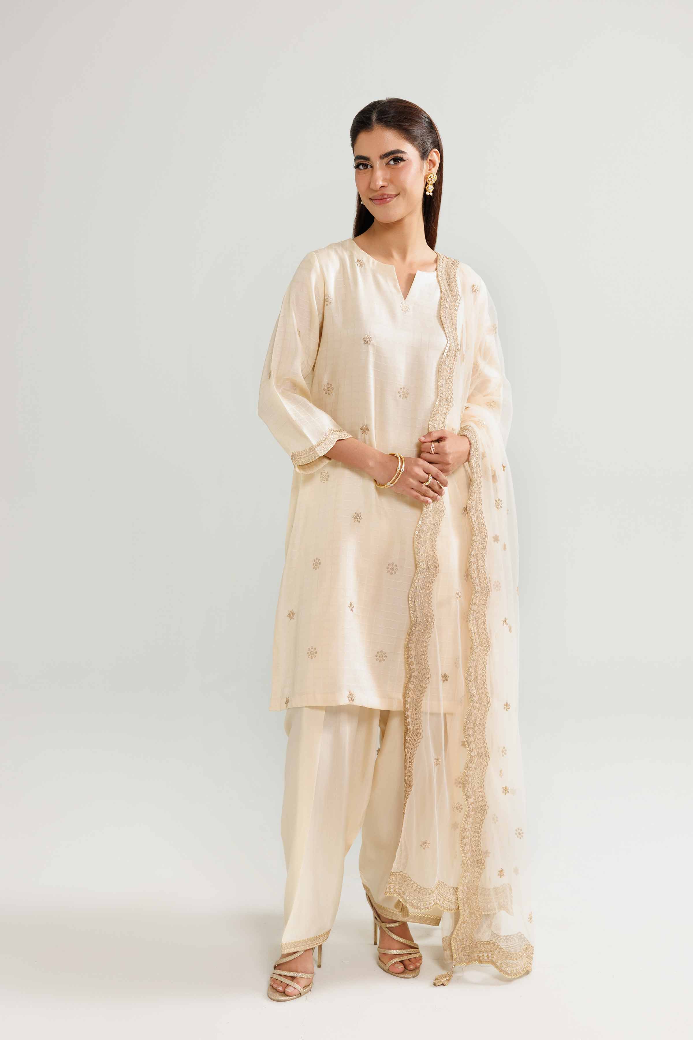 NishatUK - Beige Embroidered Fancy Tussar 3-piece ready to wear luxury suit