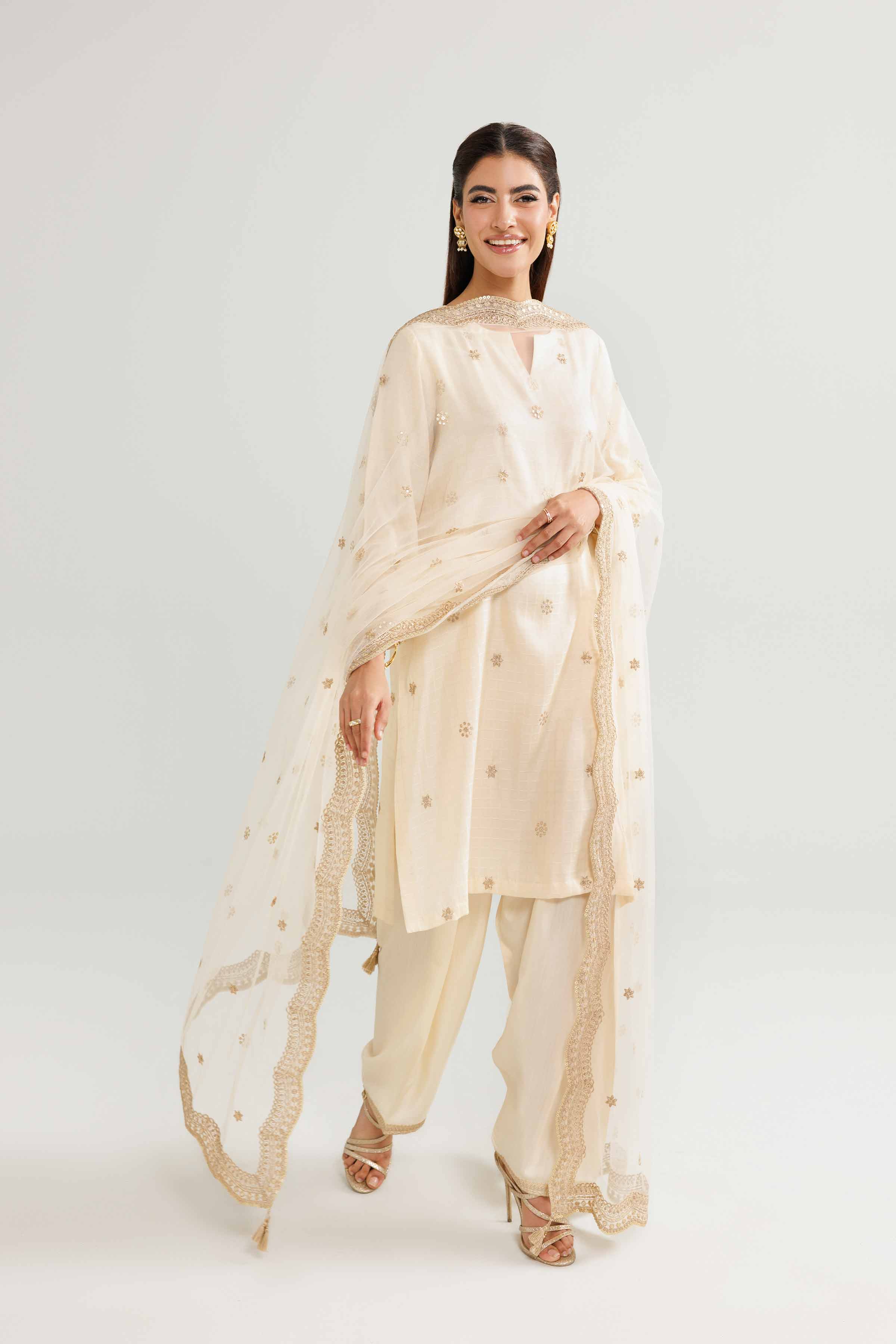 NishatUK - Beige Embroidered Fancy Tussar 3-piece ready to wear luxury suit