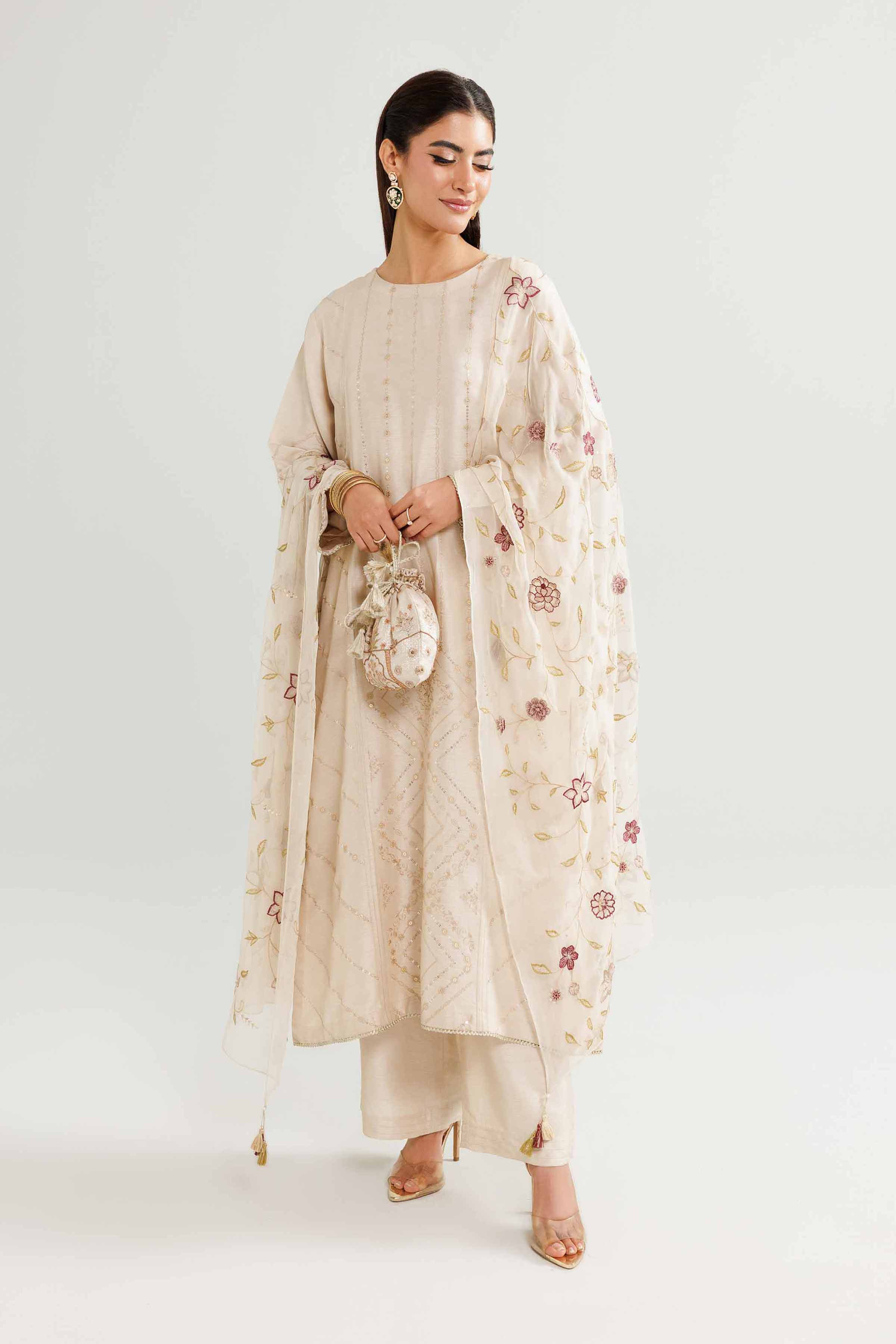 NishatUK - Beige Embroidered Silk 3-piece ready to wear luxury suit