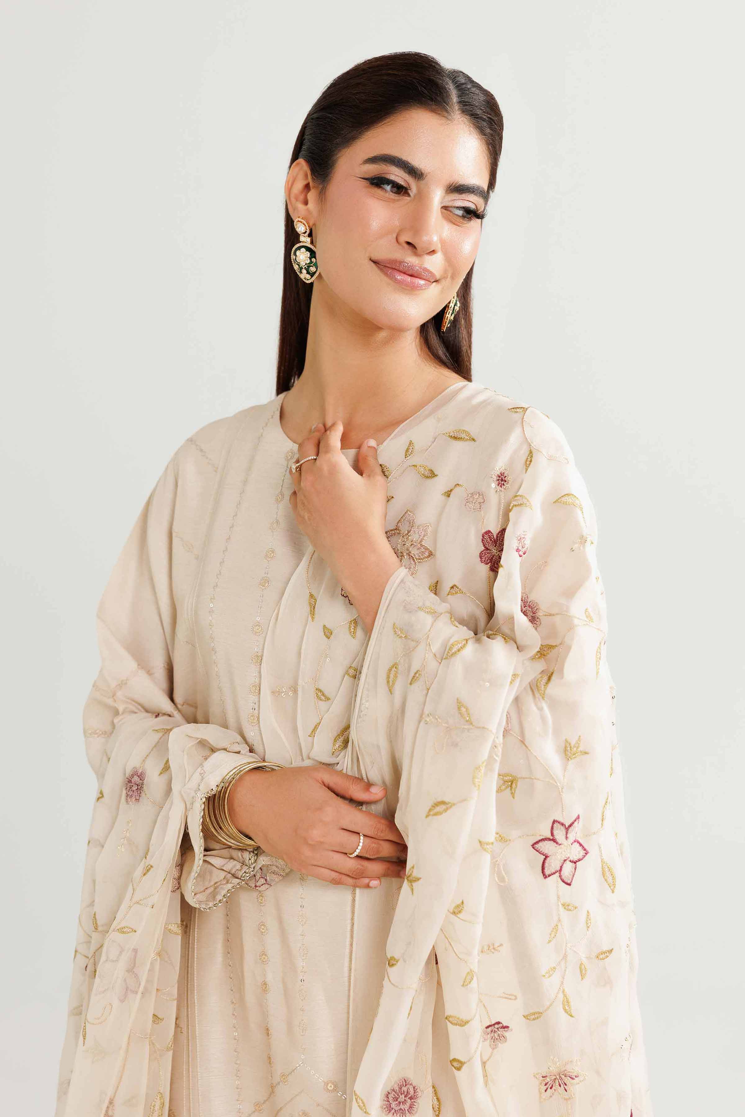 NishatUK - Beige Embroidered Silk 3-piece ready to wear luxury suit