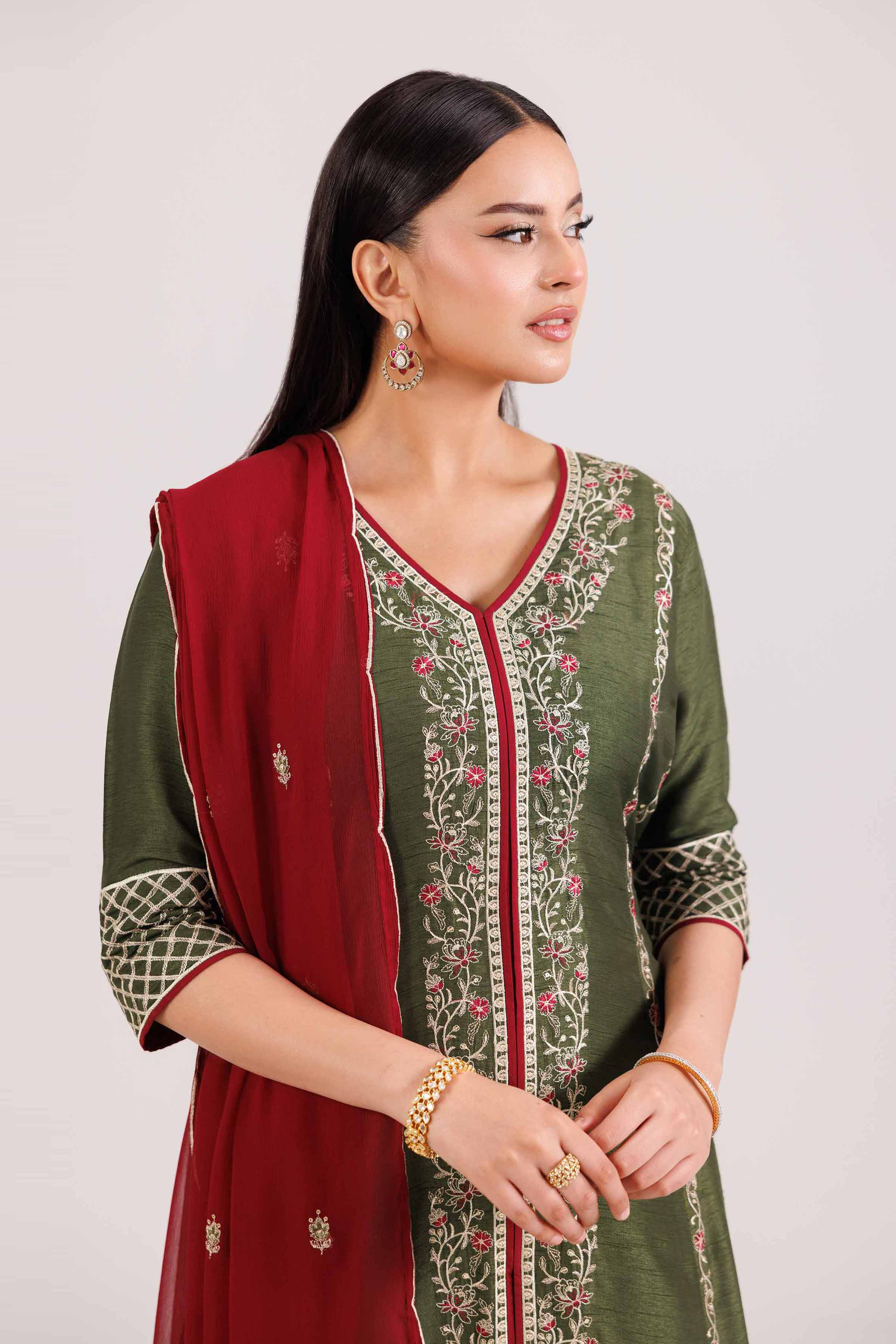 NishatUK - Green Embroidered Silk 3-piece ready to wear luxury suit