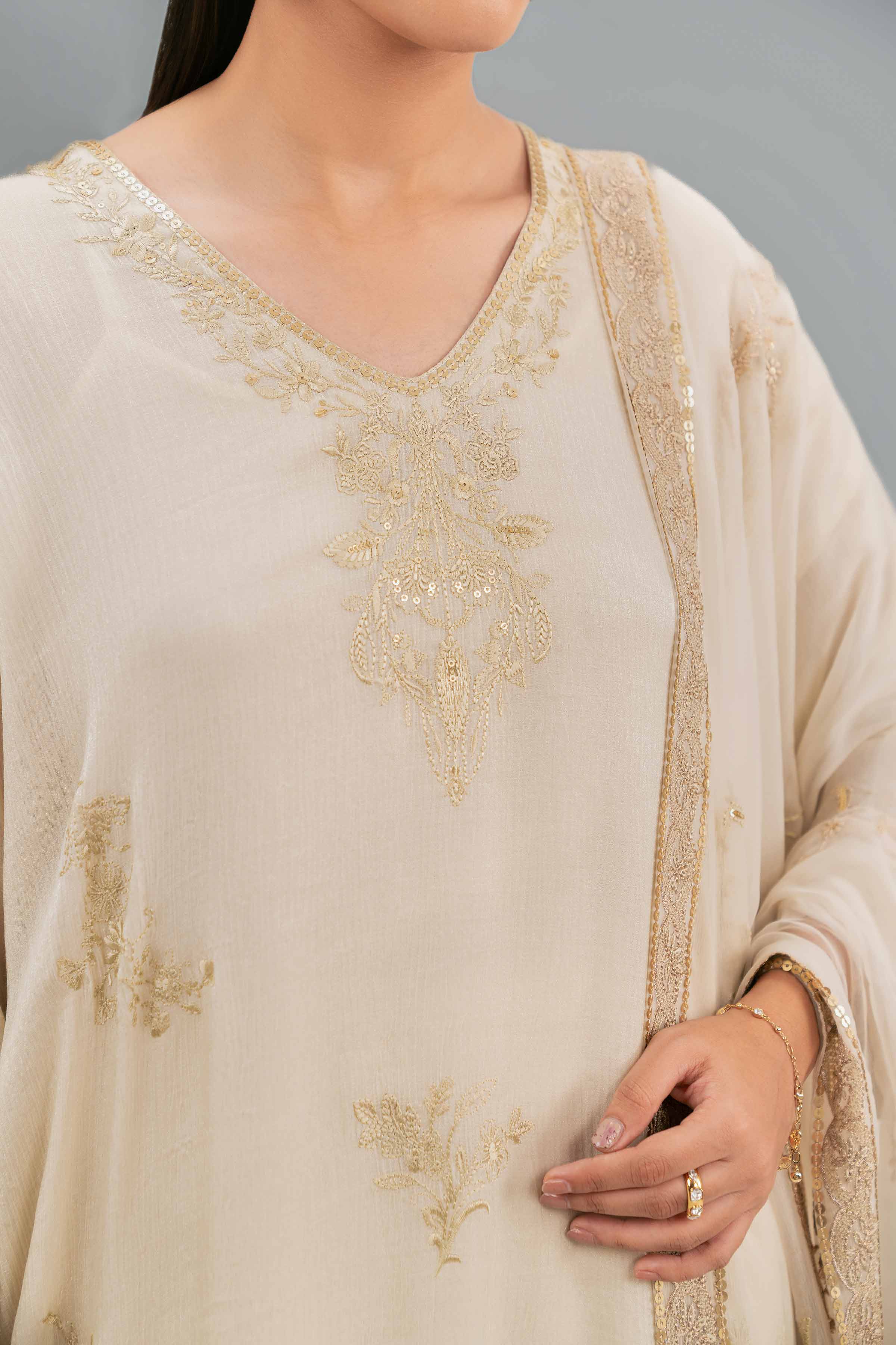 NishatUK - Beige Embroidered Chiffon 3-piece ready to wear Luxury Suit
