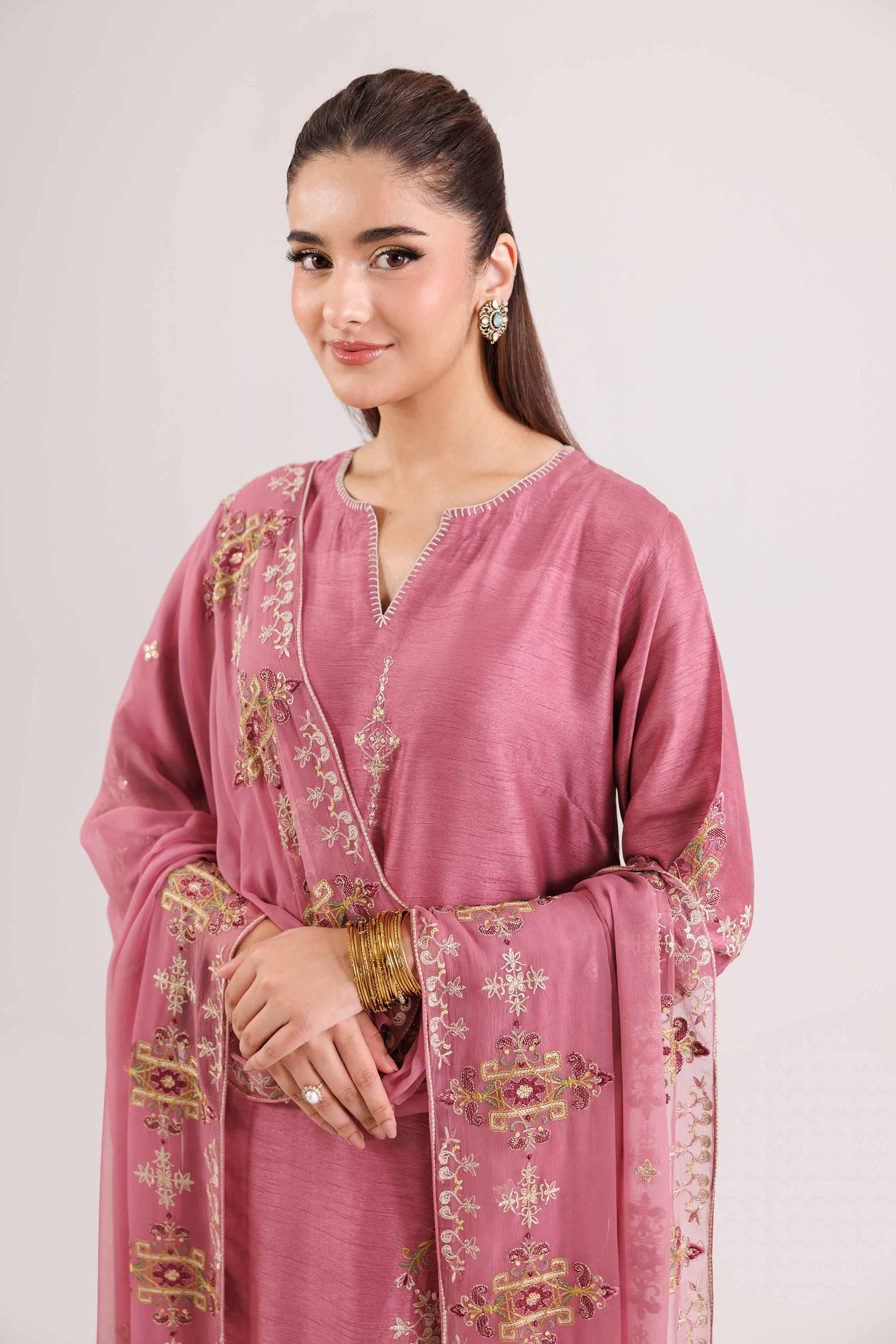 NishatUK - Pink Embroidered Silk 3-piece ready to wear-luxury Suit