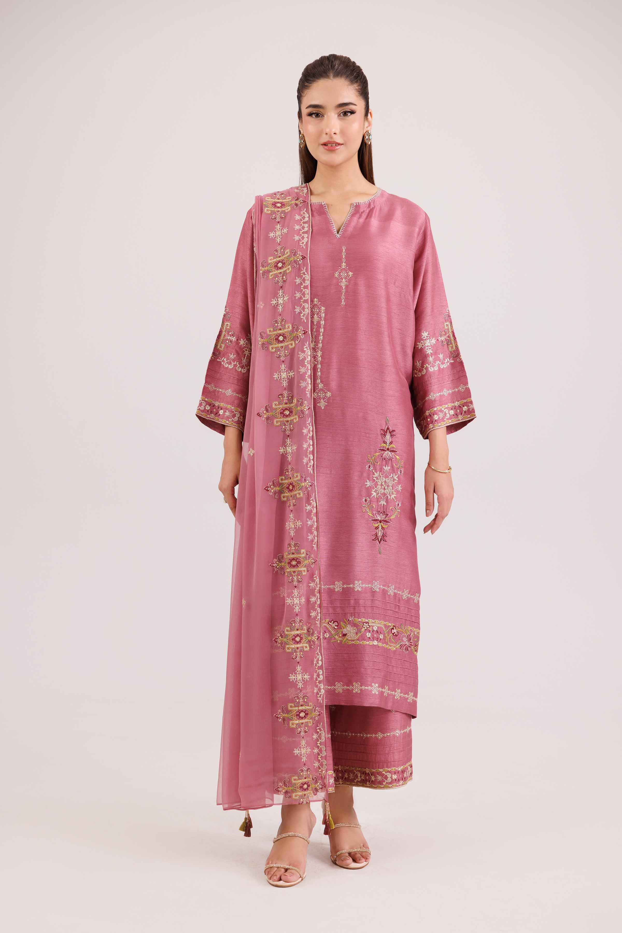 NishatUK - Pink Embroidered Silk 3-piece ready to wear-luxury Suit