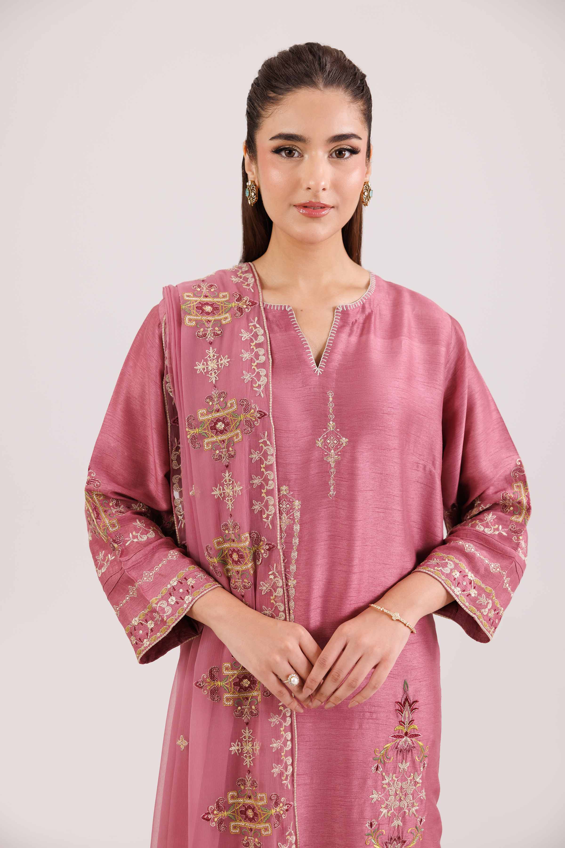 NishatUK - Pink Embroidered Silk 3-piece ready to wear-luxury Suit