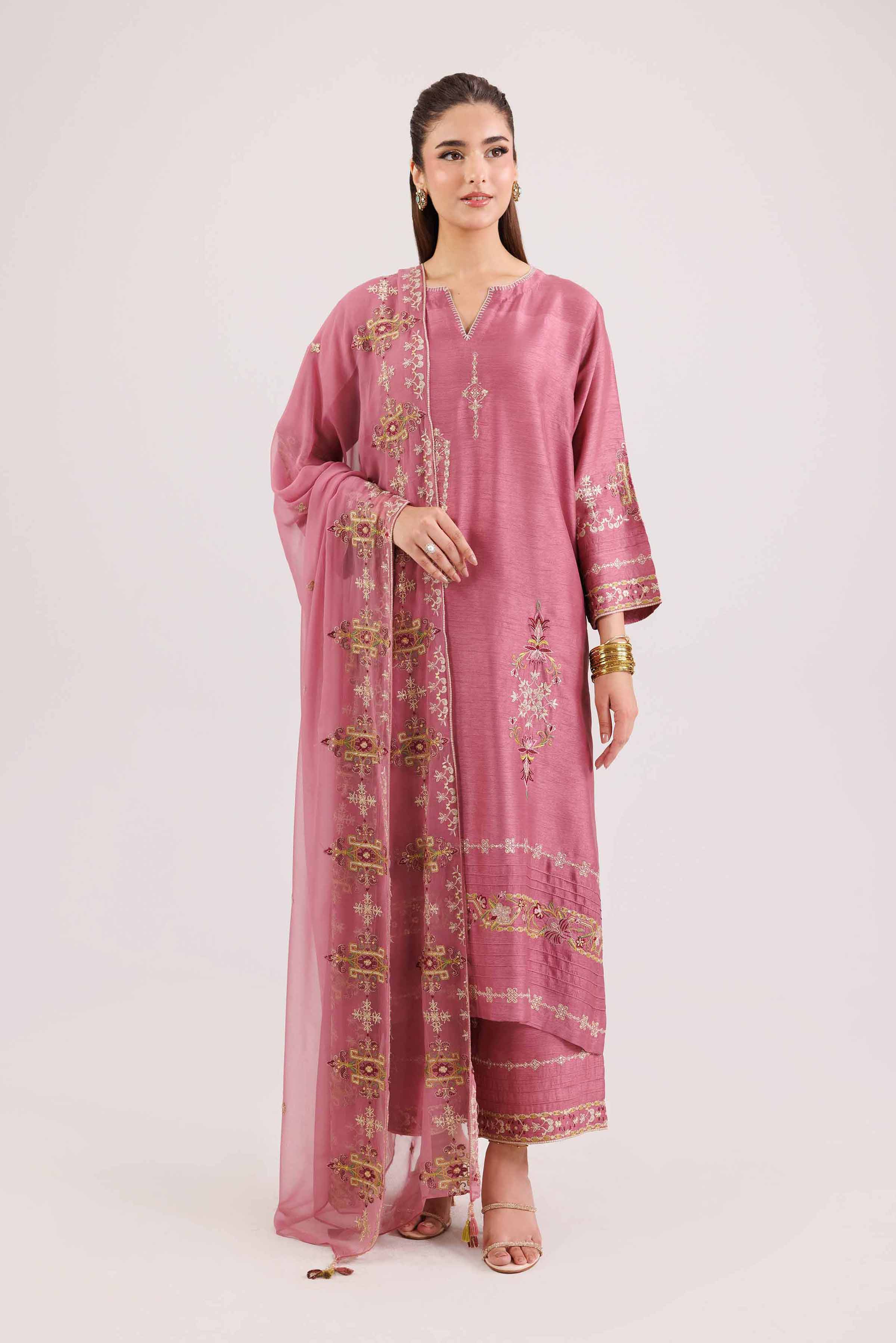 NishatUK - Pink Embroidered Silk 3-piece ready to wear-luxury Suit