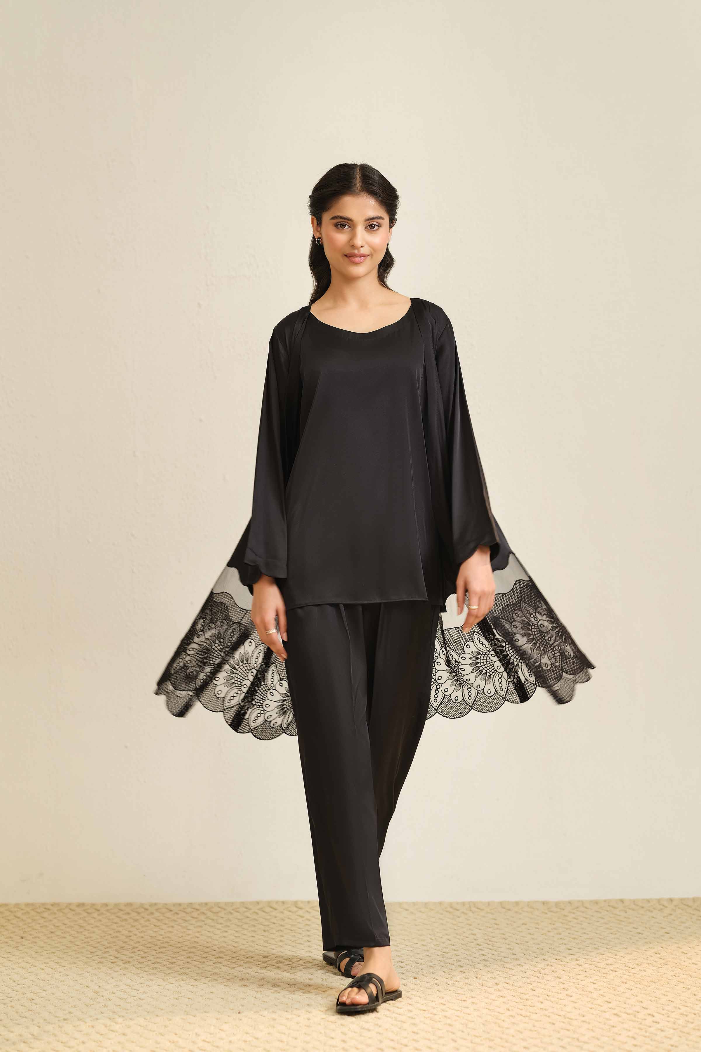 NishatUK - Black Embroidered Silk 3-piece ready to wear Suit