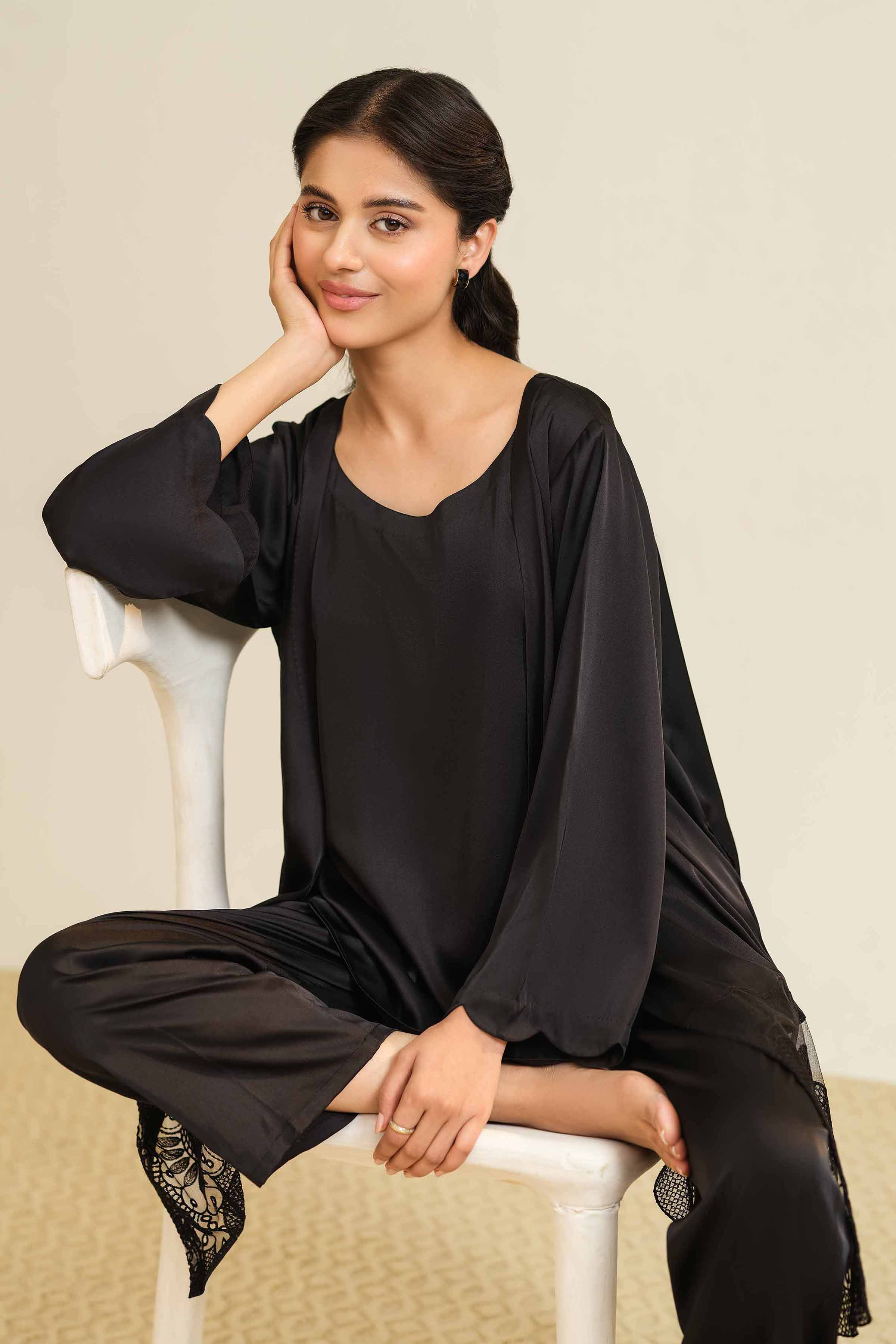 NishatUK - Black Embroidered Silk 3-piece ready to wear Suit