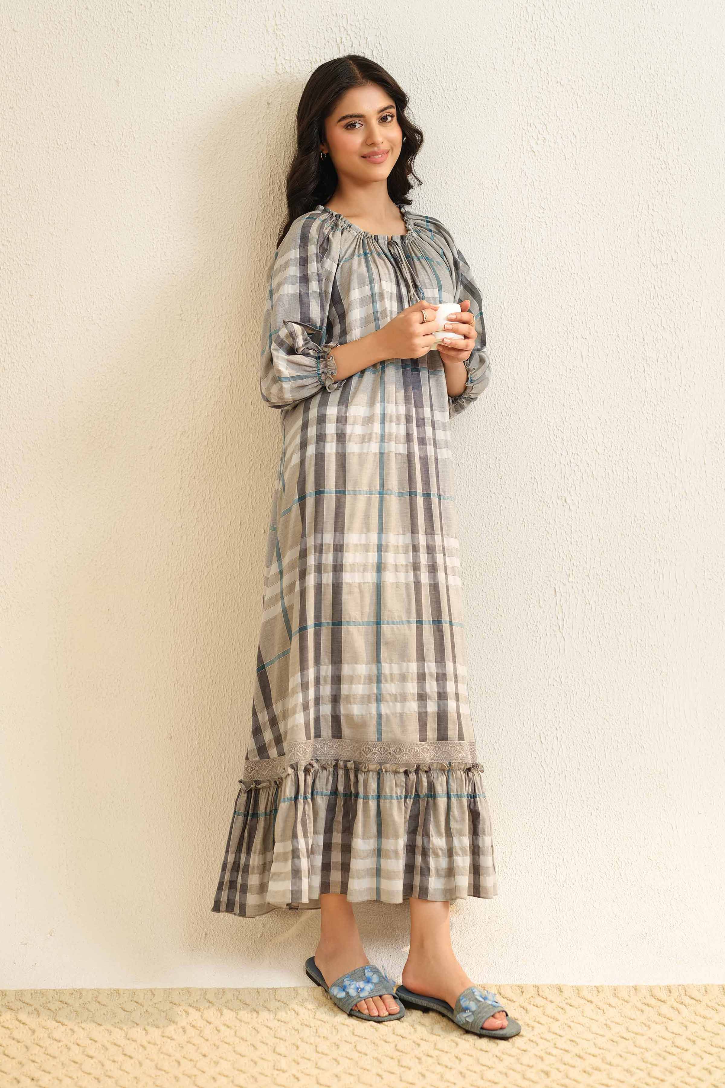 NishatUK - Grey Embroidered Yarn Dyed 1-piece ready to wear Long Dress