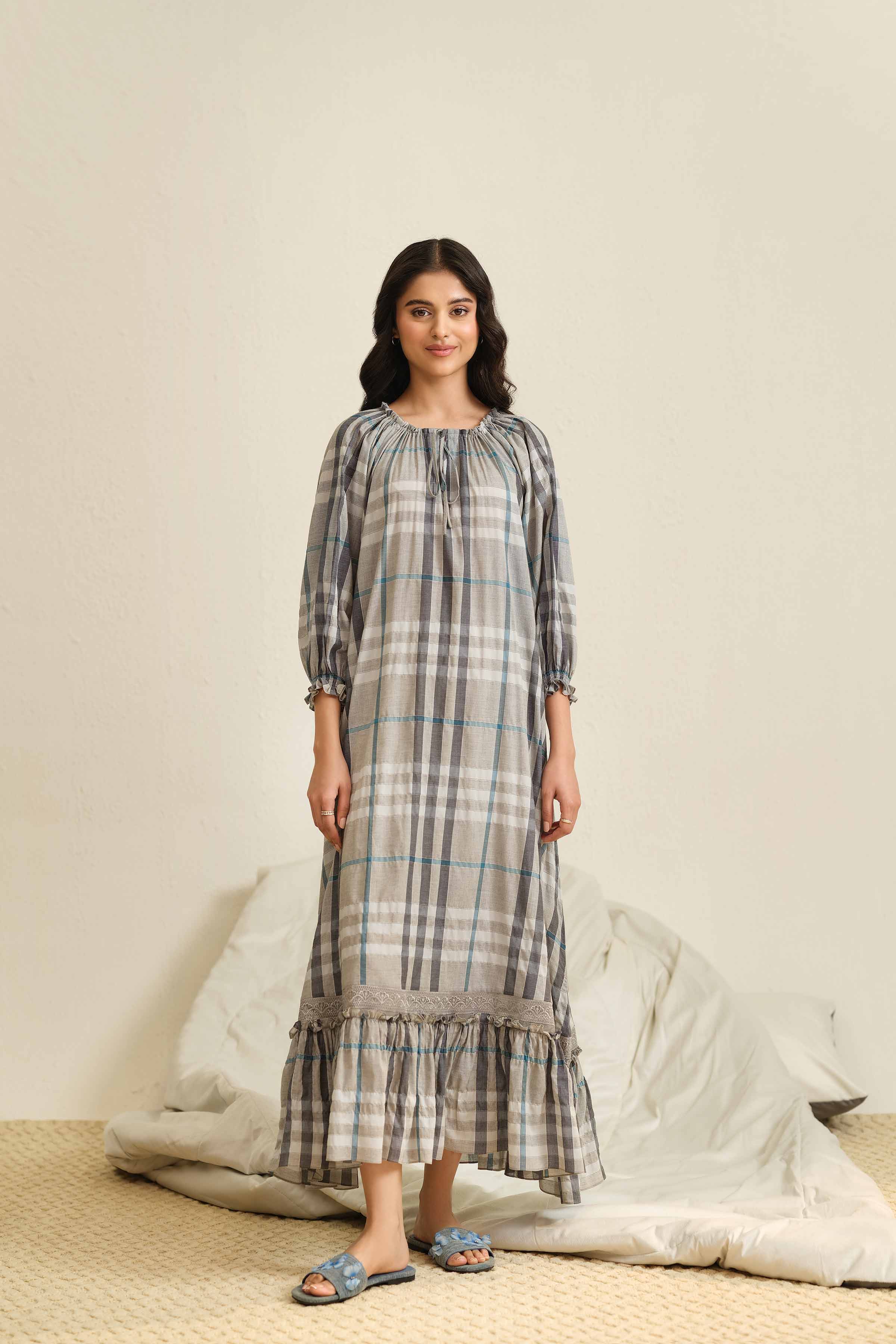 NishatUK - Grey Embroidered Yarn Dyed 1-piece ready to wear Long Dress