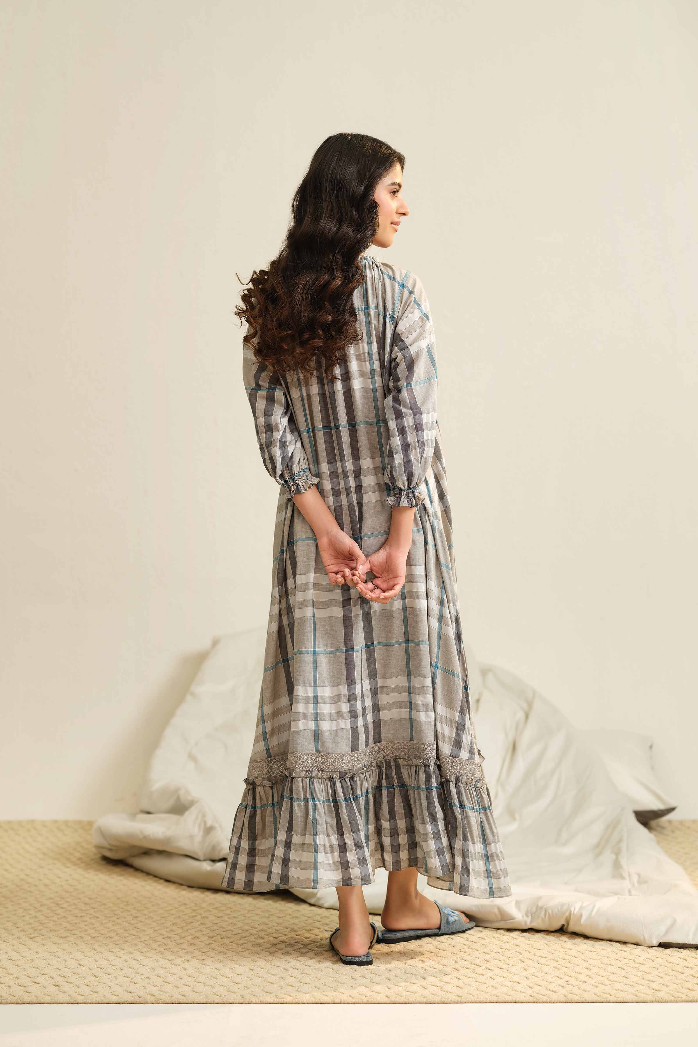 NishatUK - Grey Embroidered Yarn Dyed 1-piece ready to wear Long Dress