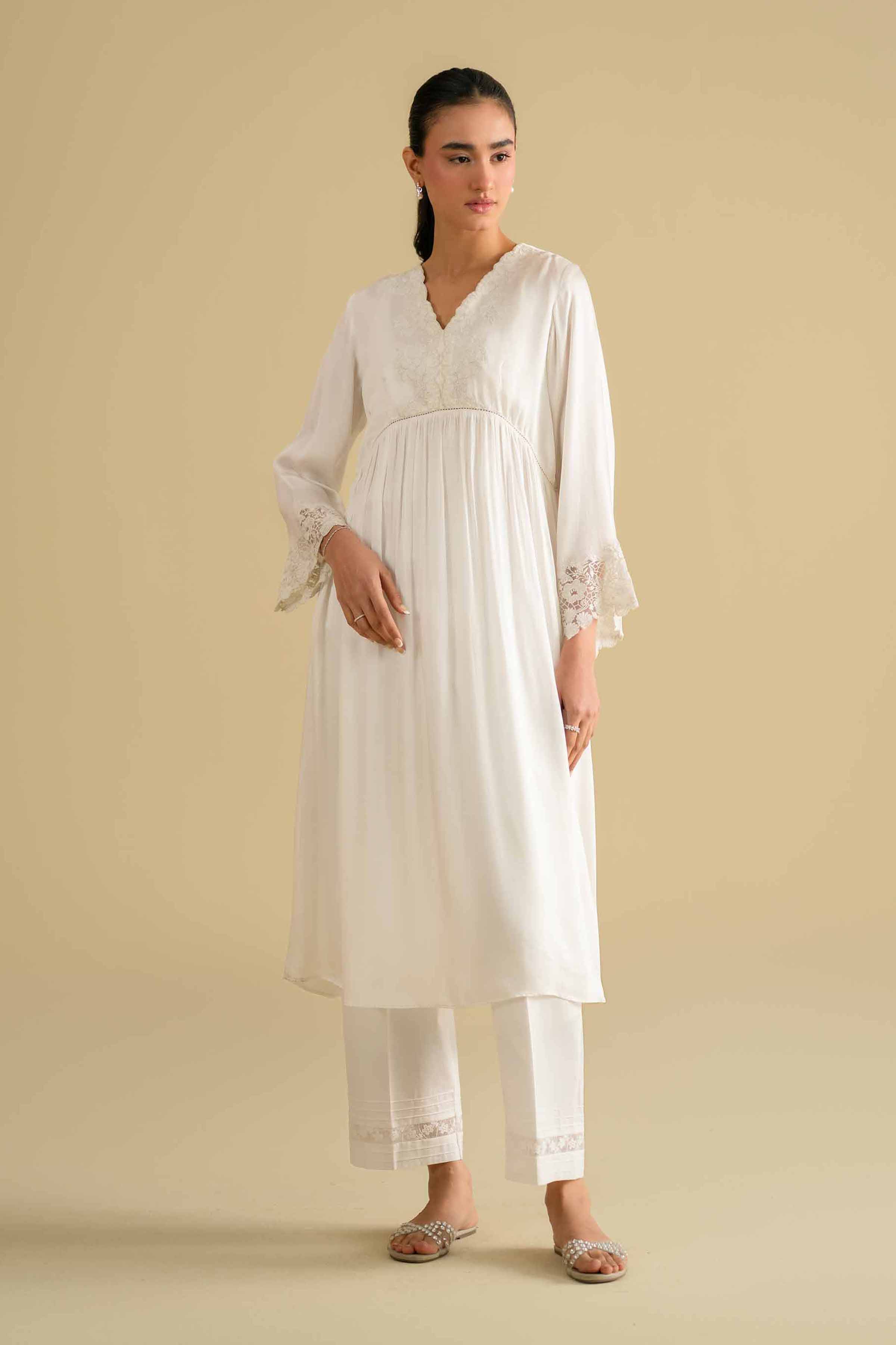 NishatUK - White Embroidered Silk 1-piece ready to wear loungewear