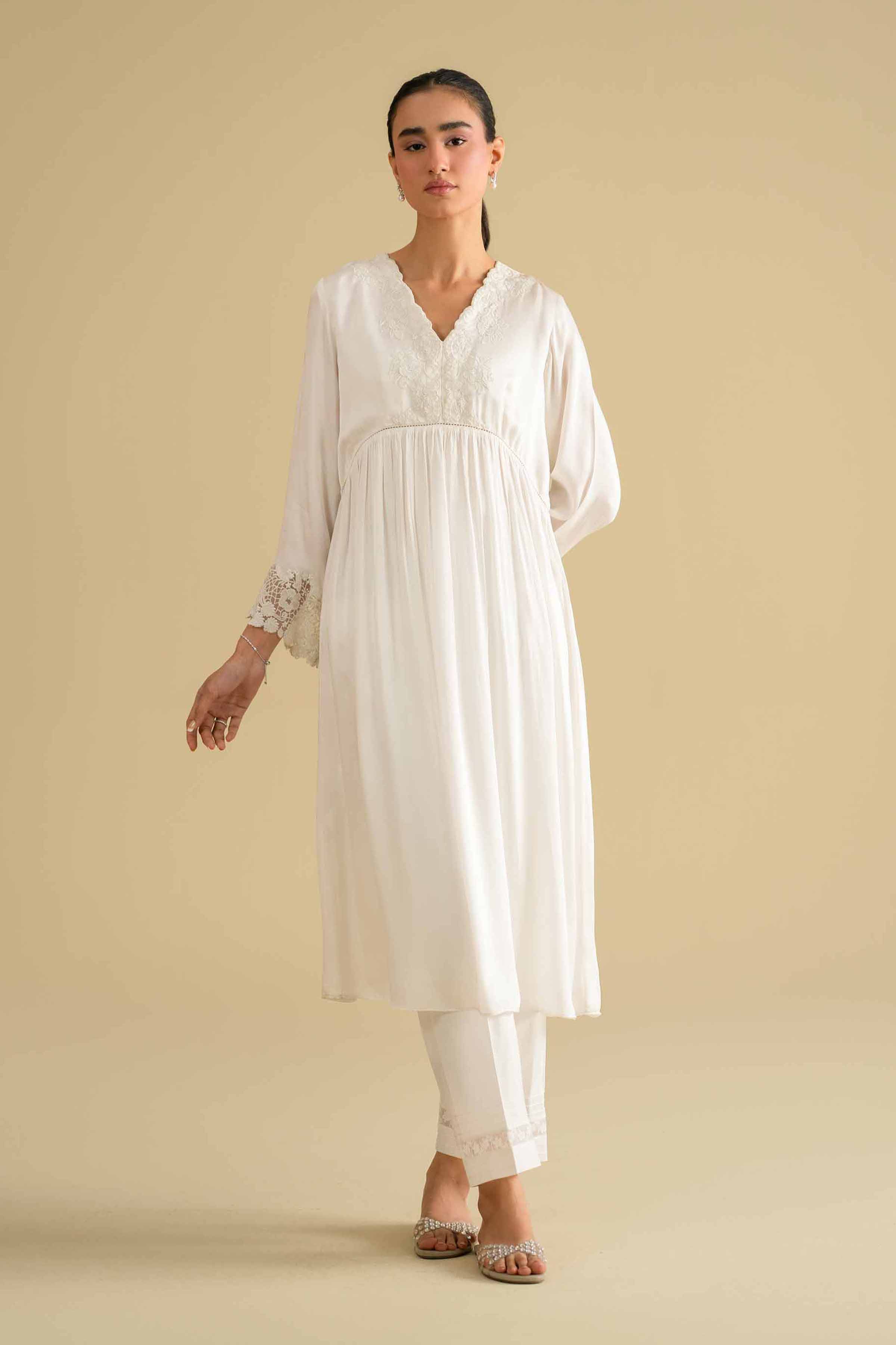 NishatUK - White Embroidered Silk 1-piece ready to wear loungewear