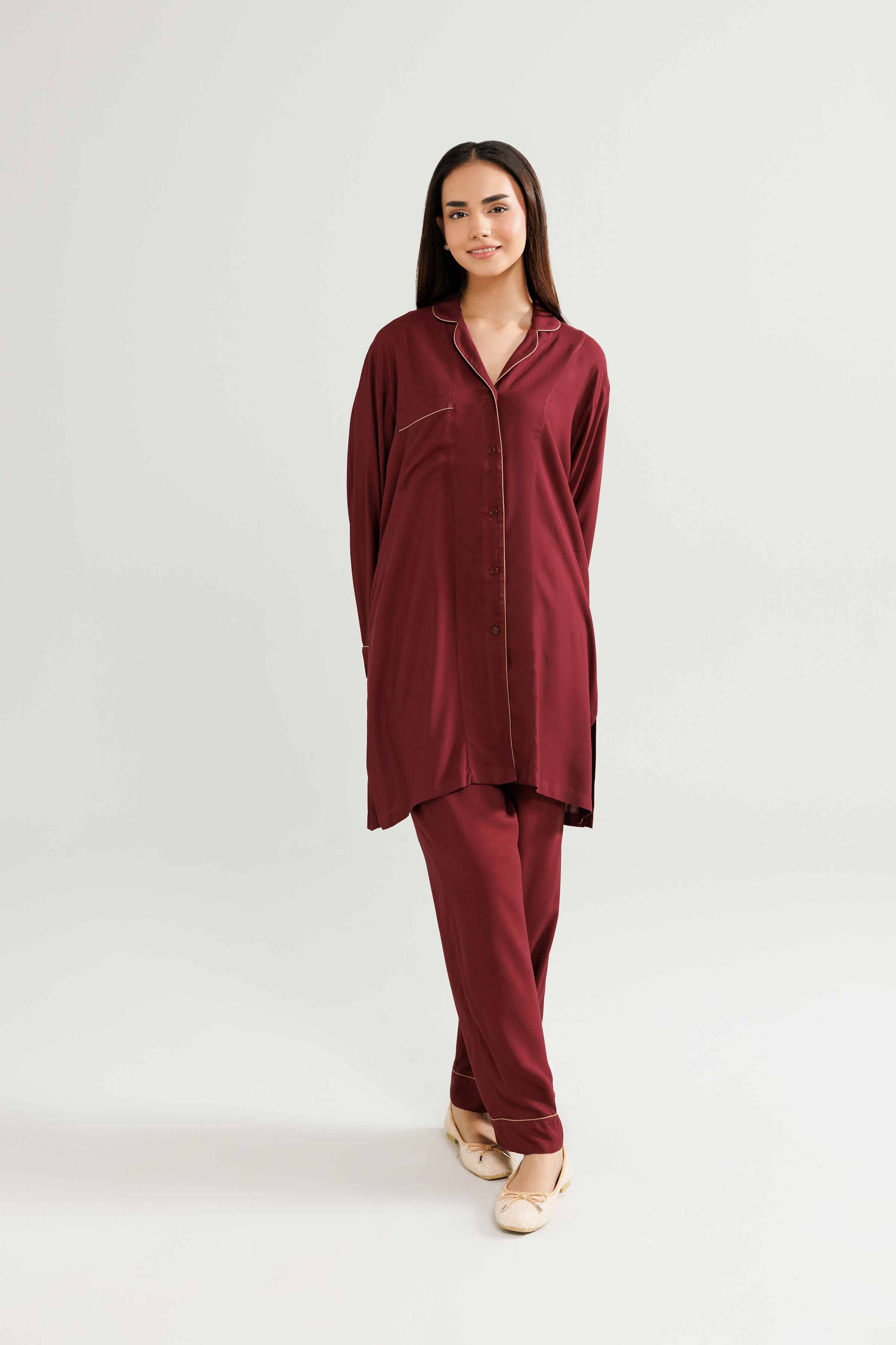 NishatUK - Plum Solids Linen 2-piece ready to wear Luxury Dress