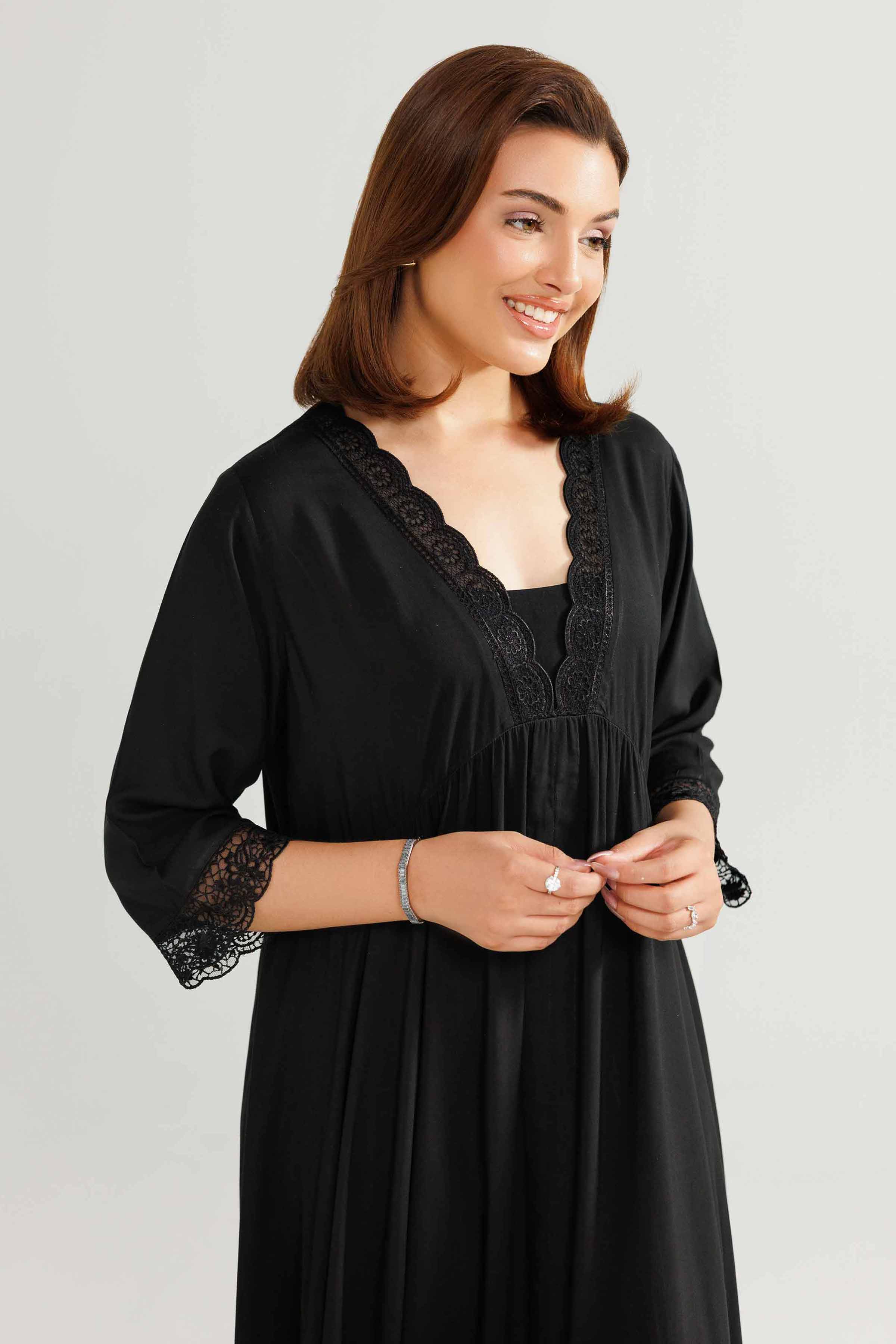 NishatUK - Black Embroidered Linen 1-piece ready to wear-luxury Loungewear