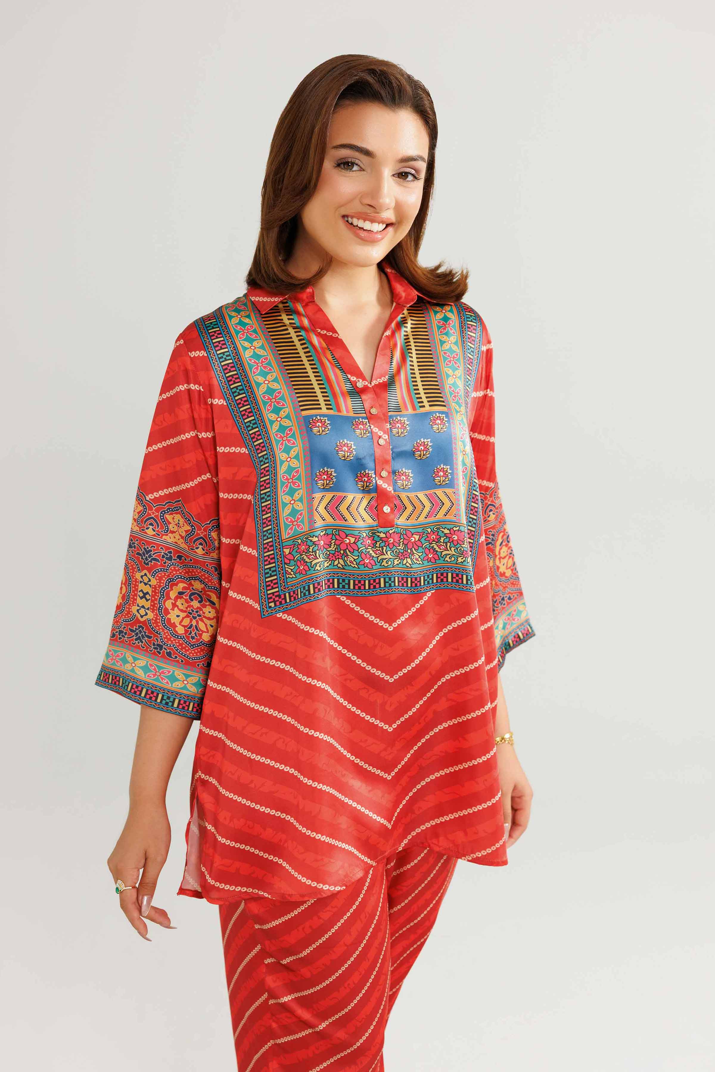 NishatUK - Red Printed Silk 2-piece ready to wear Luxury Dress