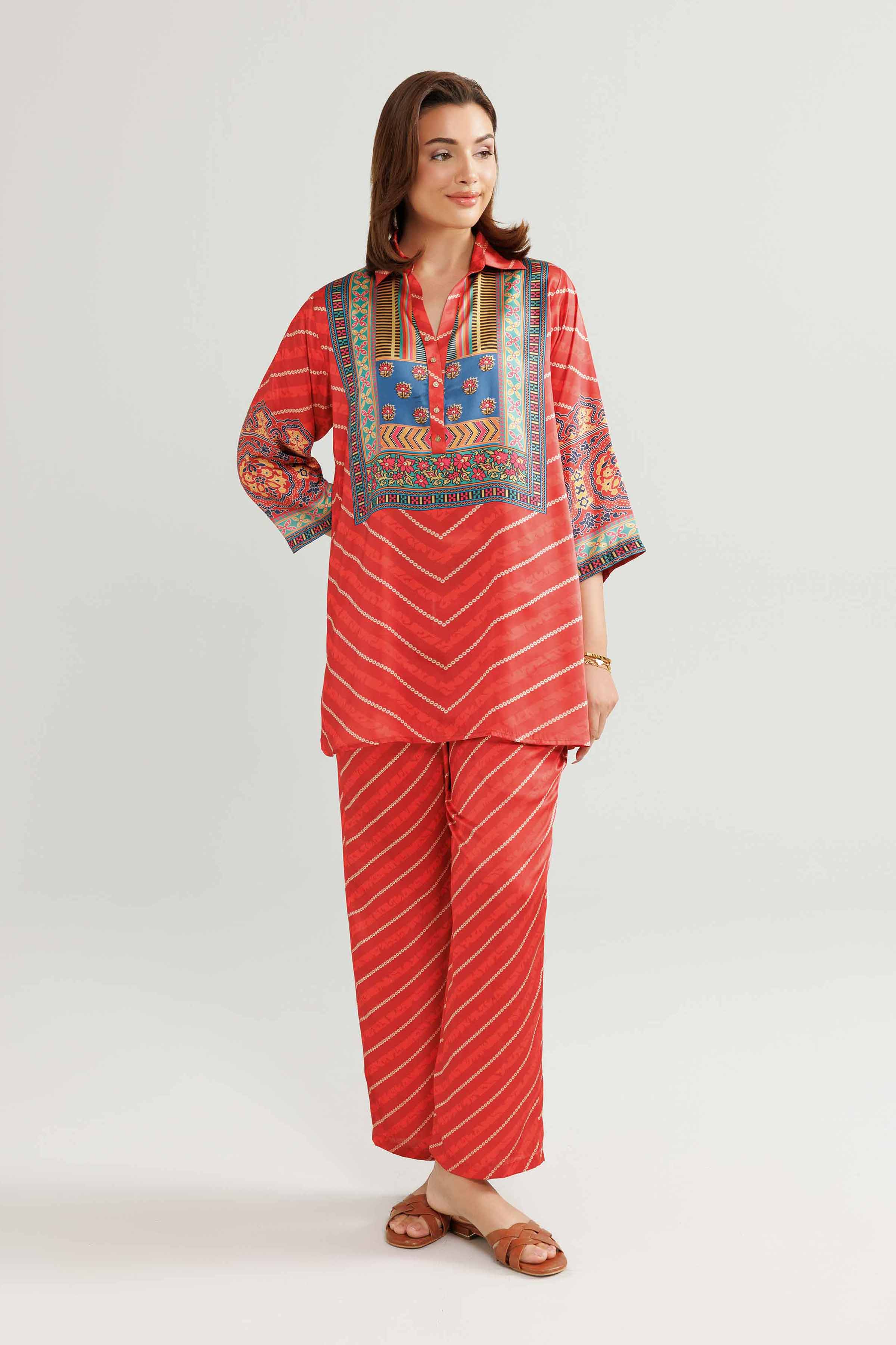 NishatUK - Red Printed Silk 2-piece ready to wear Luxury Dress