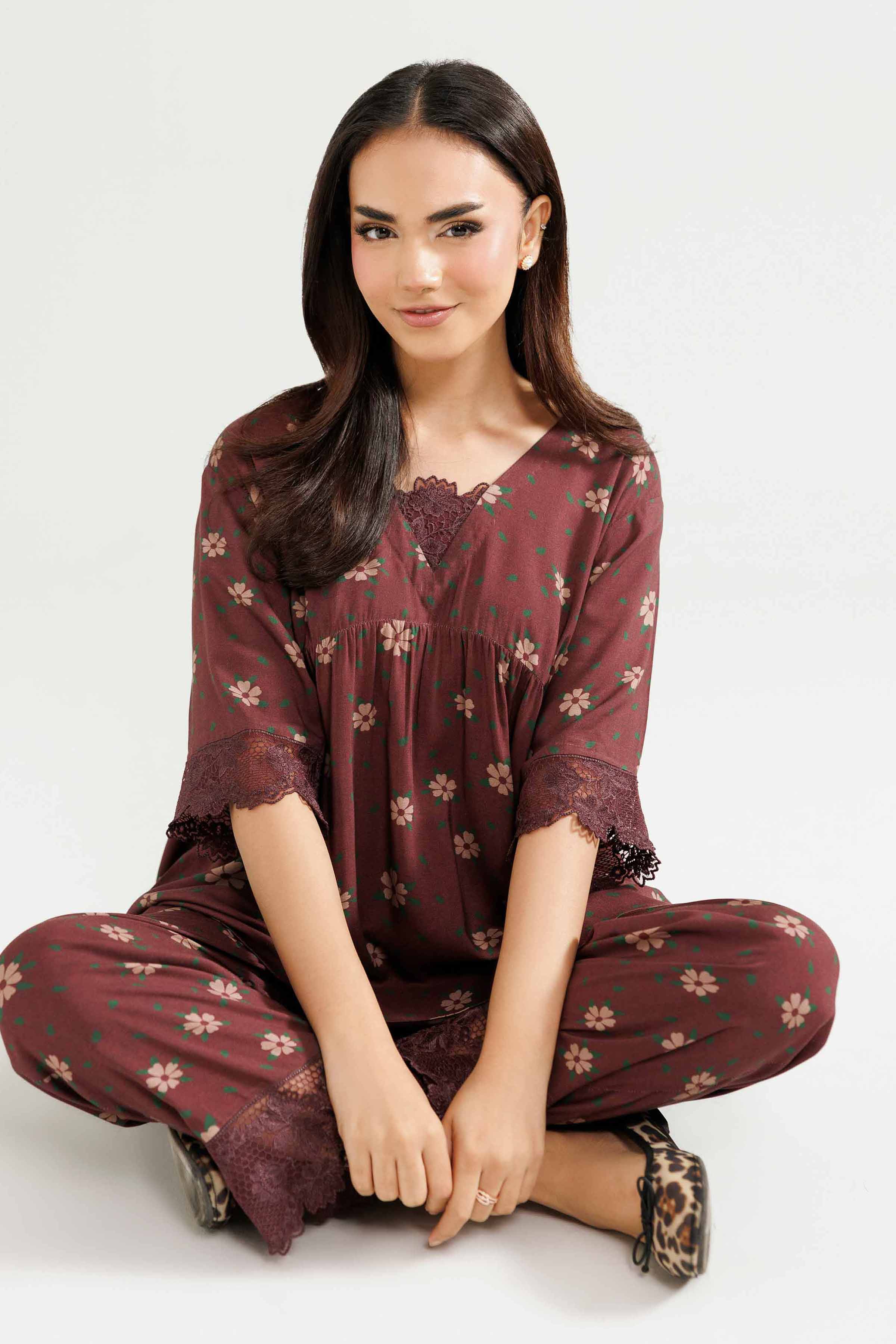 NishatUK - Brown Embroidered Linen 2-piece ready to wear Luxury Dress