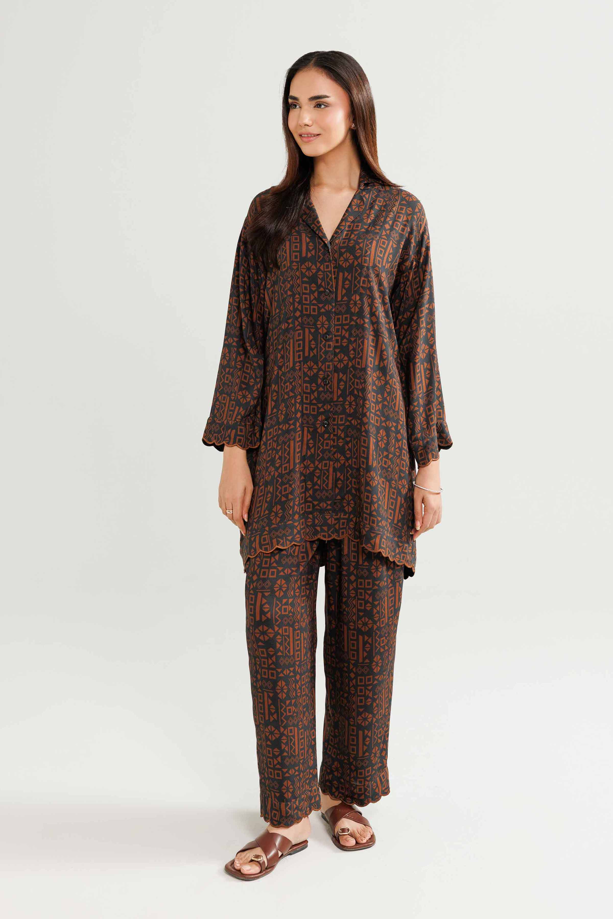 NishatUK - Brown Embroidered Linen 2-piece ready to wear Luxury Dress