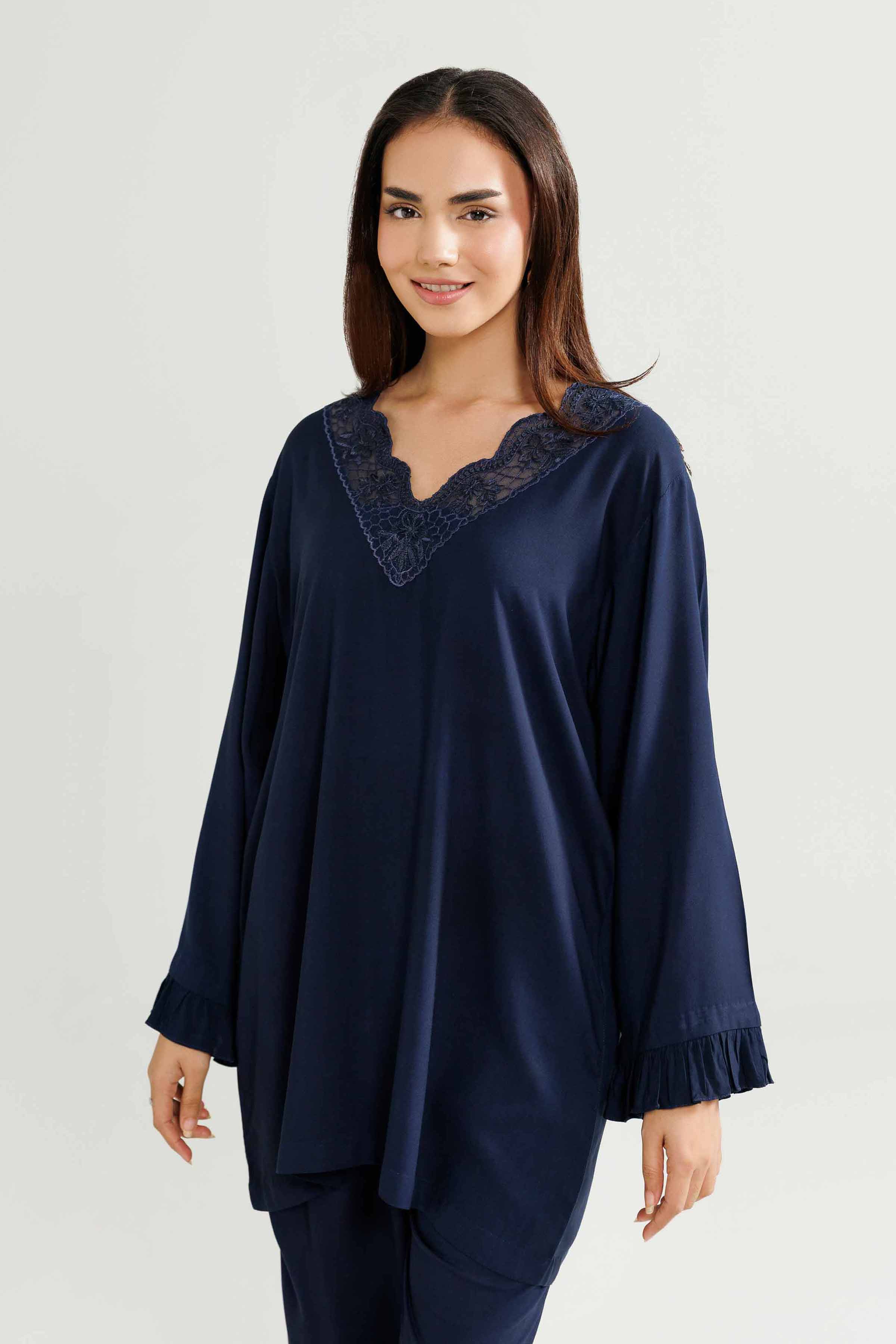 NishatUK - Blue Embroidered Linen 2-piece ready to wear-luxury Loungewear