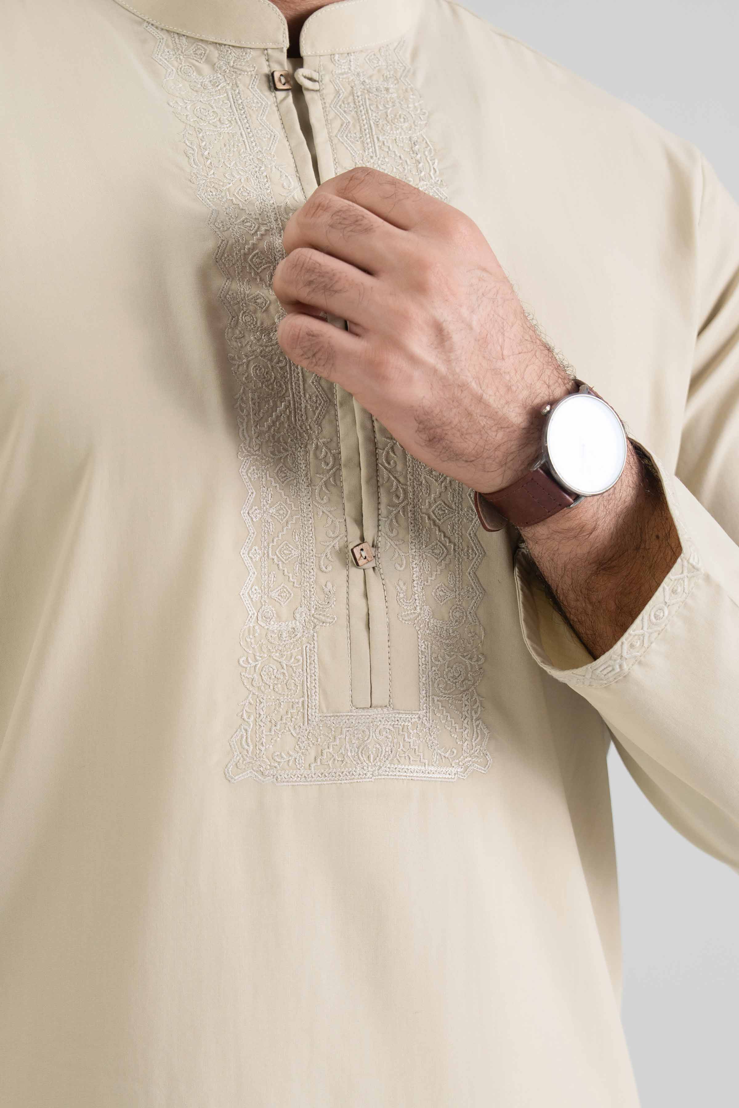 NishatUK - Beige Embroidered Blended 1-piece ready to wear kurta