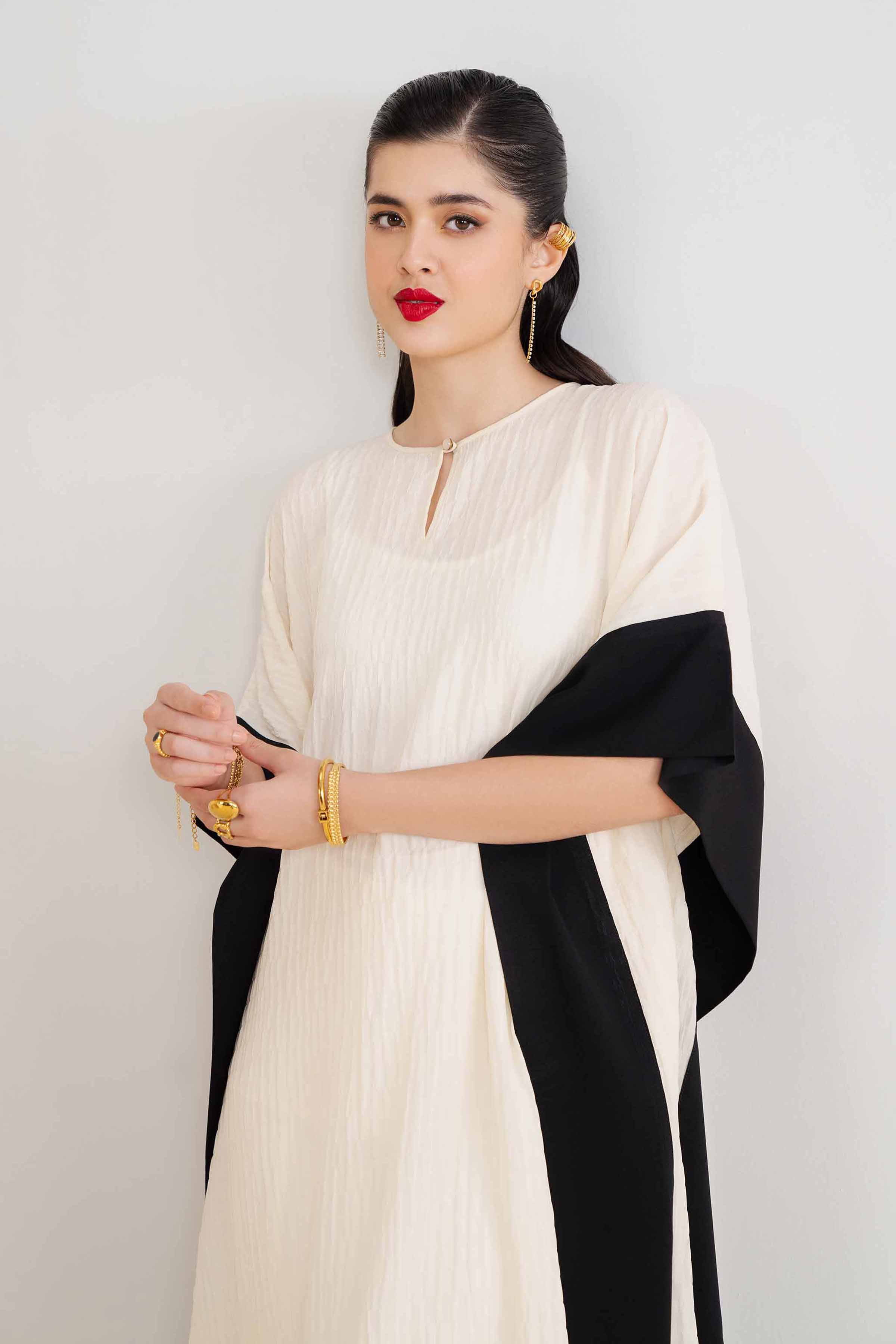NishatUK - Off White Solids Slub Silk 1-piece ready to wear Kaftan