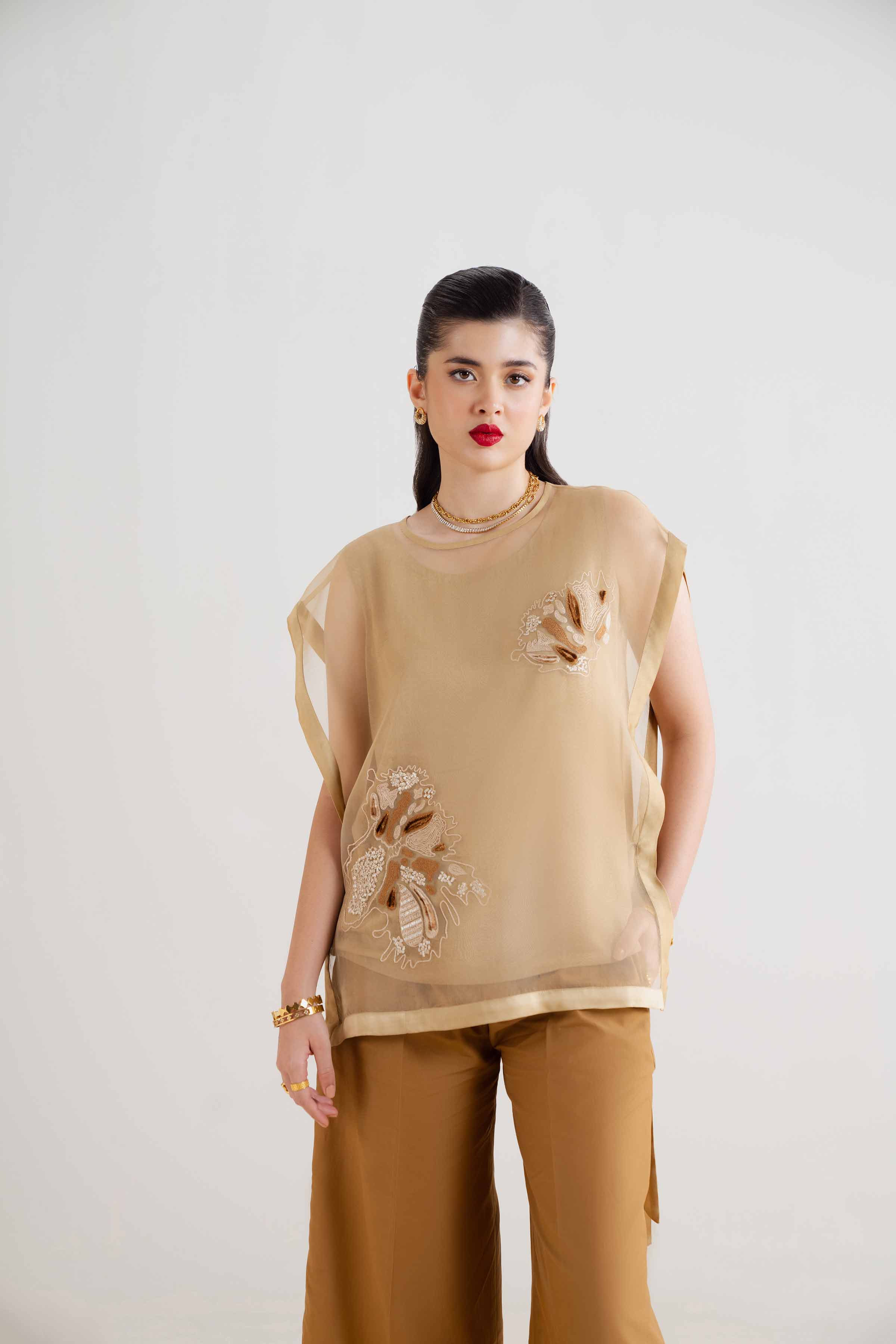 NishatUK - Brown Embroidered Organza 2-piece ready to wear Suit