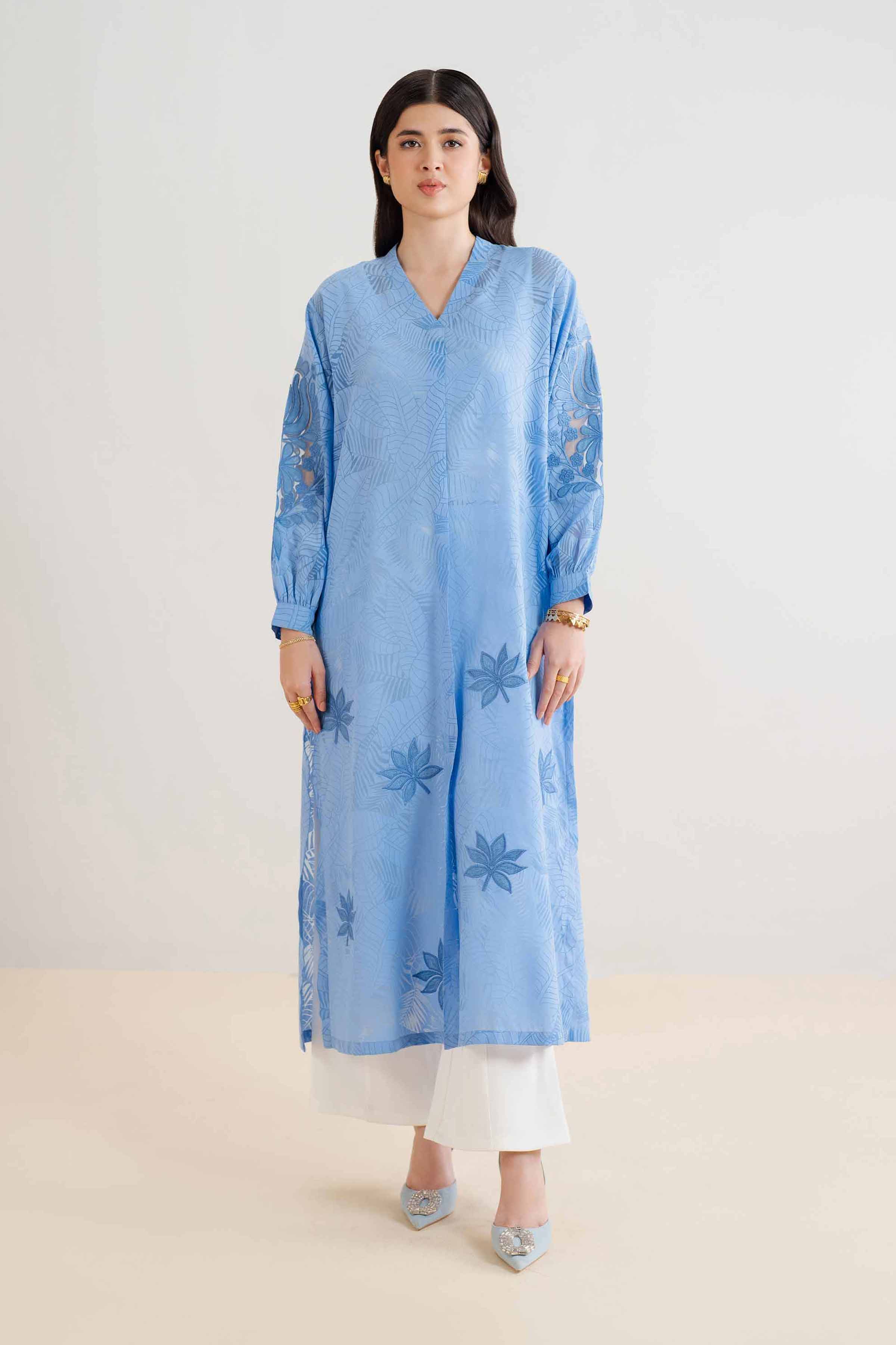 NishatUK - Brown Embroidered Burnout 1-piece ready to wear Dress