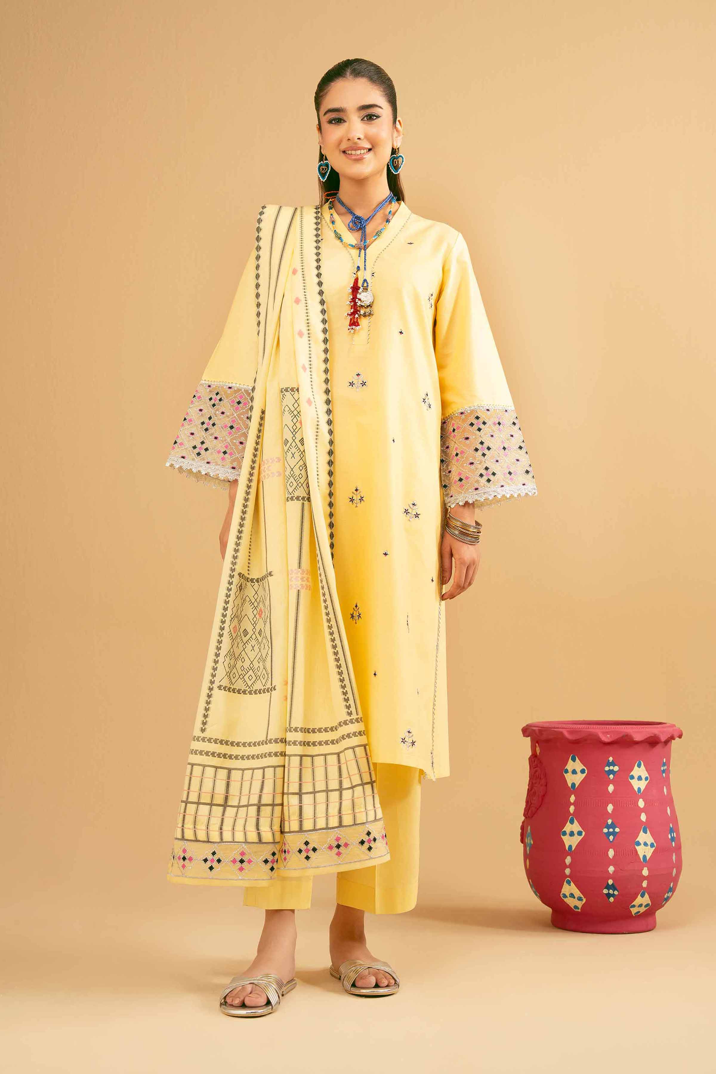 NishatUK - Yellow Embroidered Cambric 3-piece ready to wear Suit
