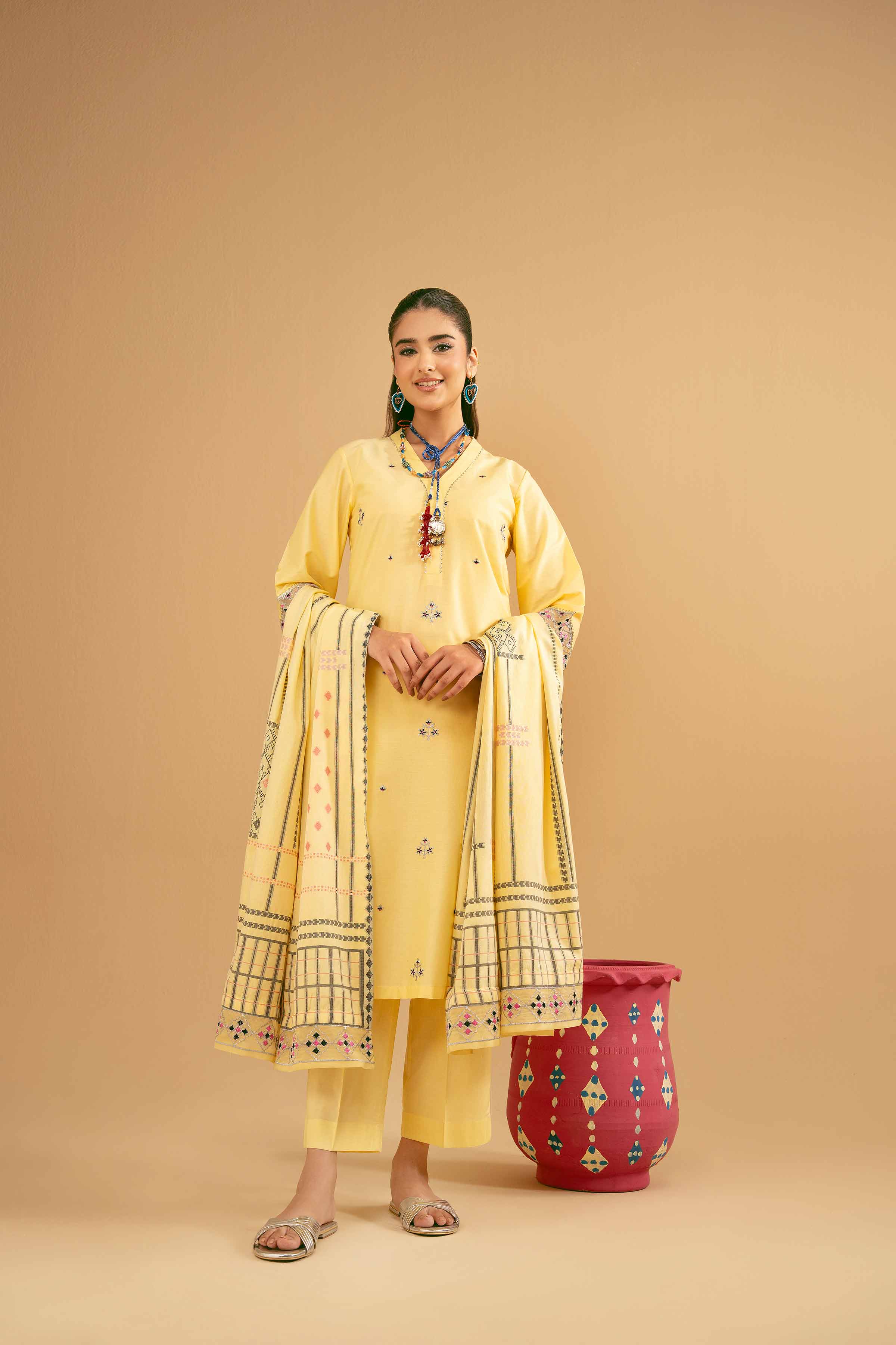 NishatUK - Yellow Embroidered Cambric 3-piece ready to wear Suit