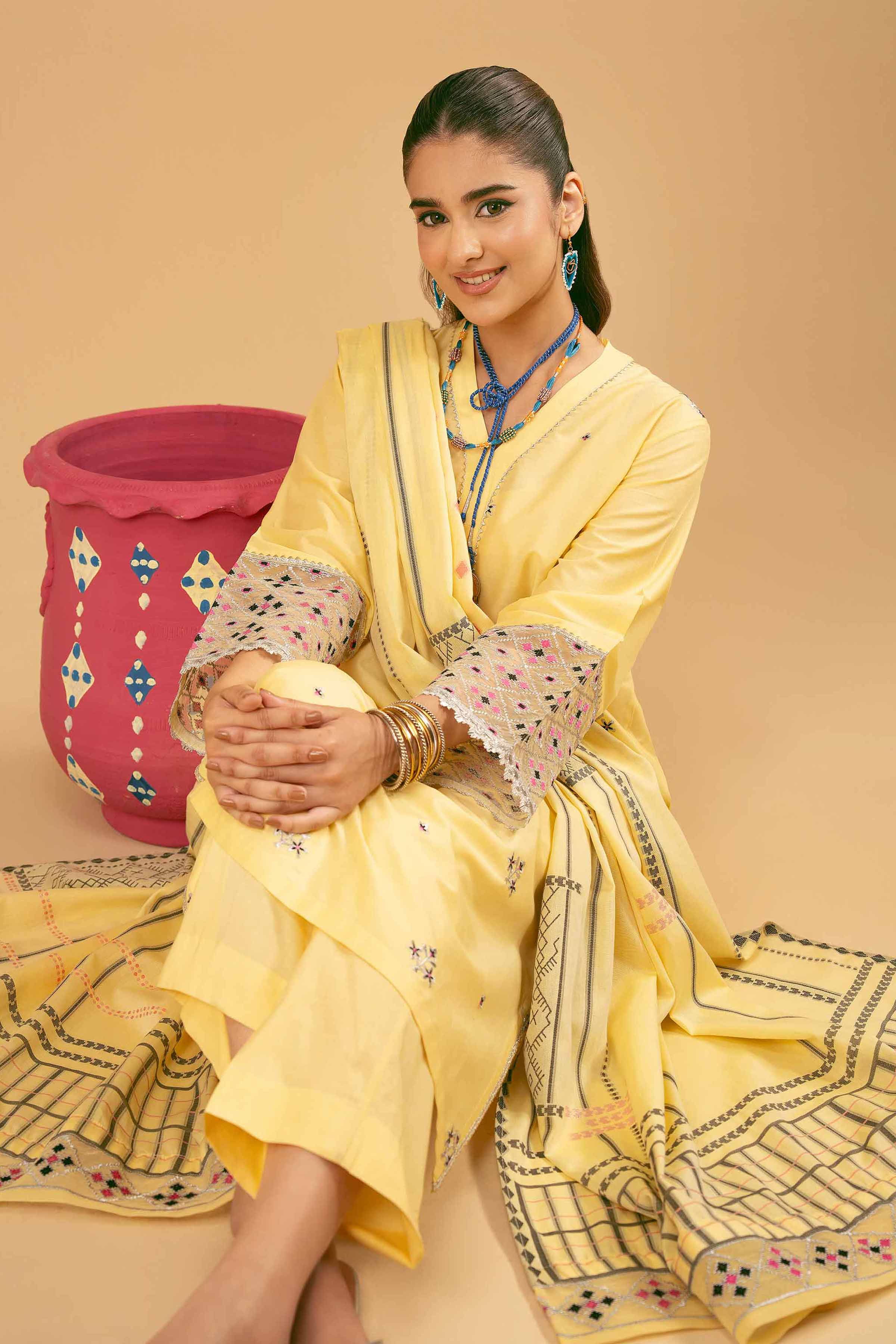 NishatUK - Yellow Embroidered Cambric 3-piece ready to wear Suit