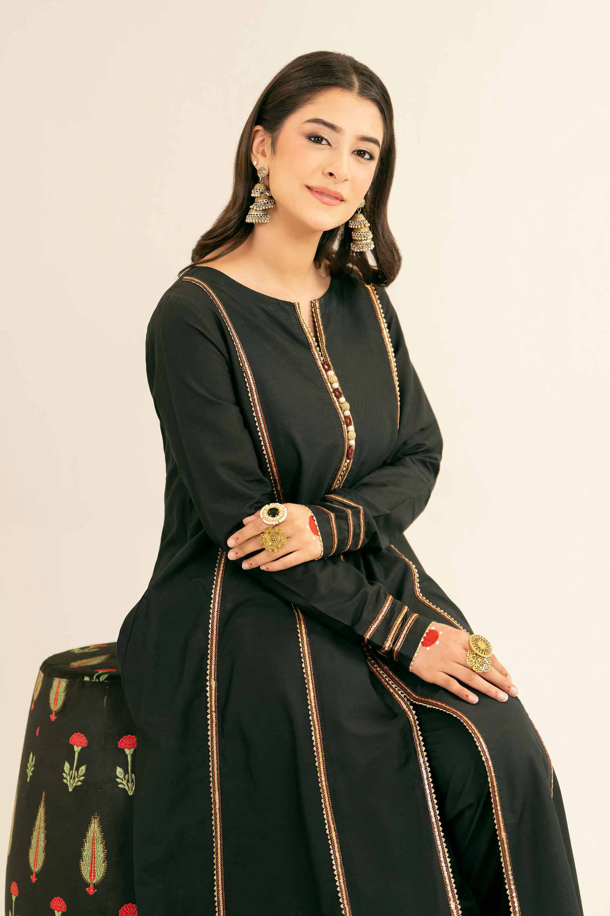 NishatUK - Black Embroidered Cambric 1-piece ready to wear Long Dress