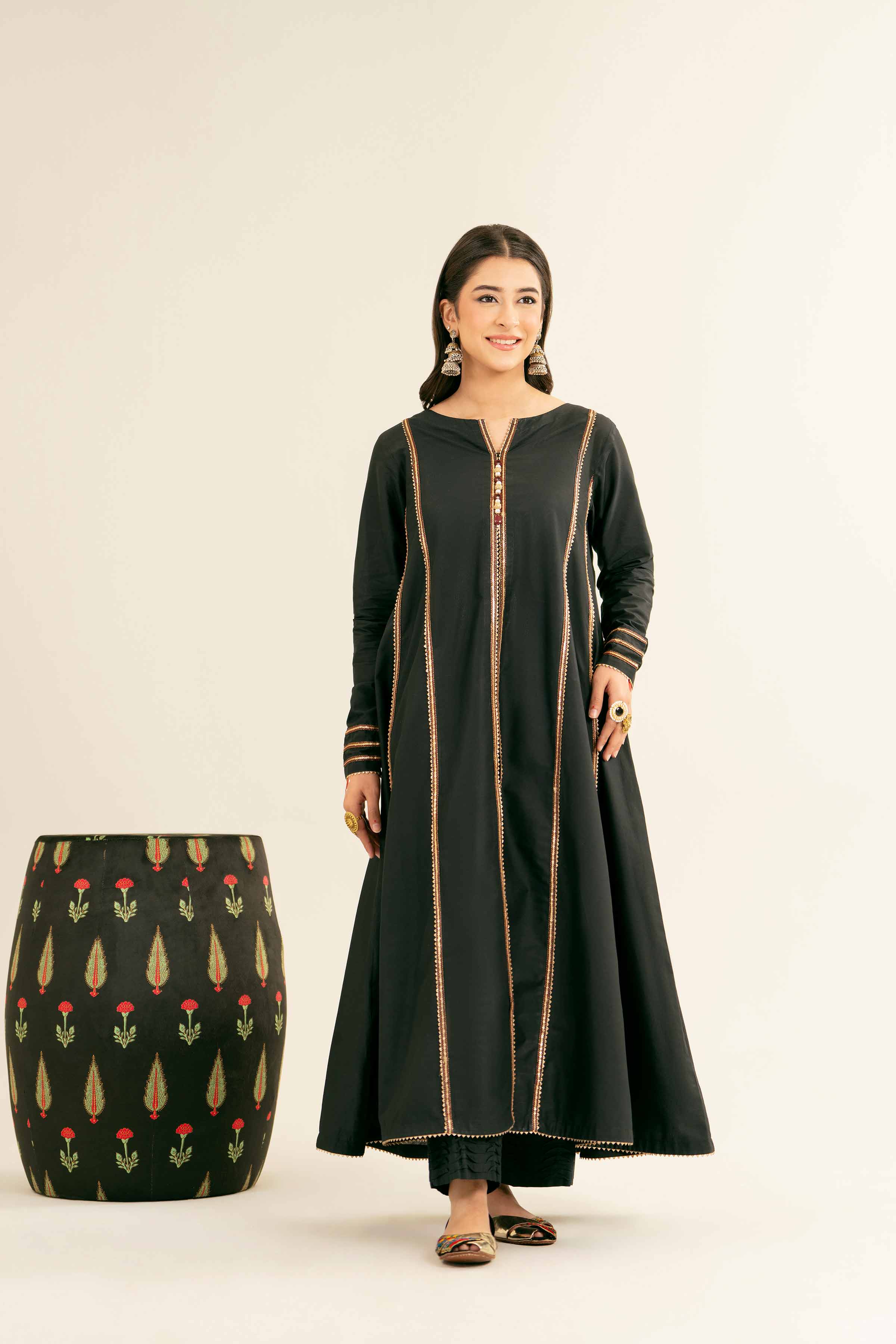 NishatUK - Black Embroidered Cambric 1-piece ready to wear Long Dress