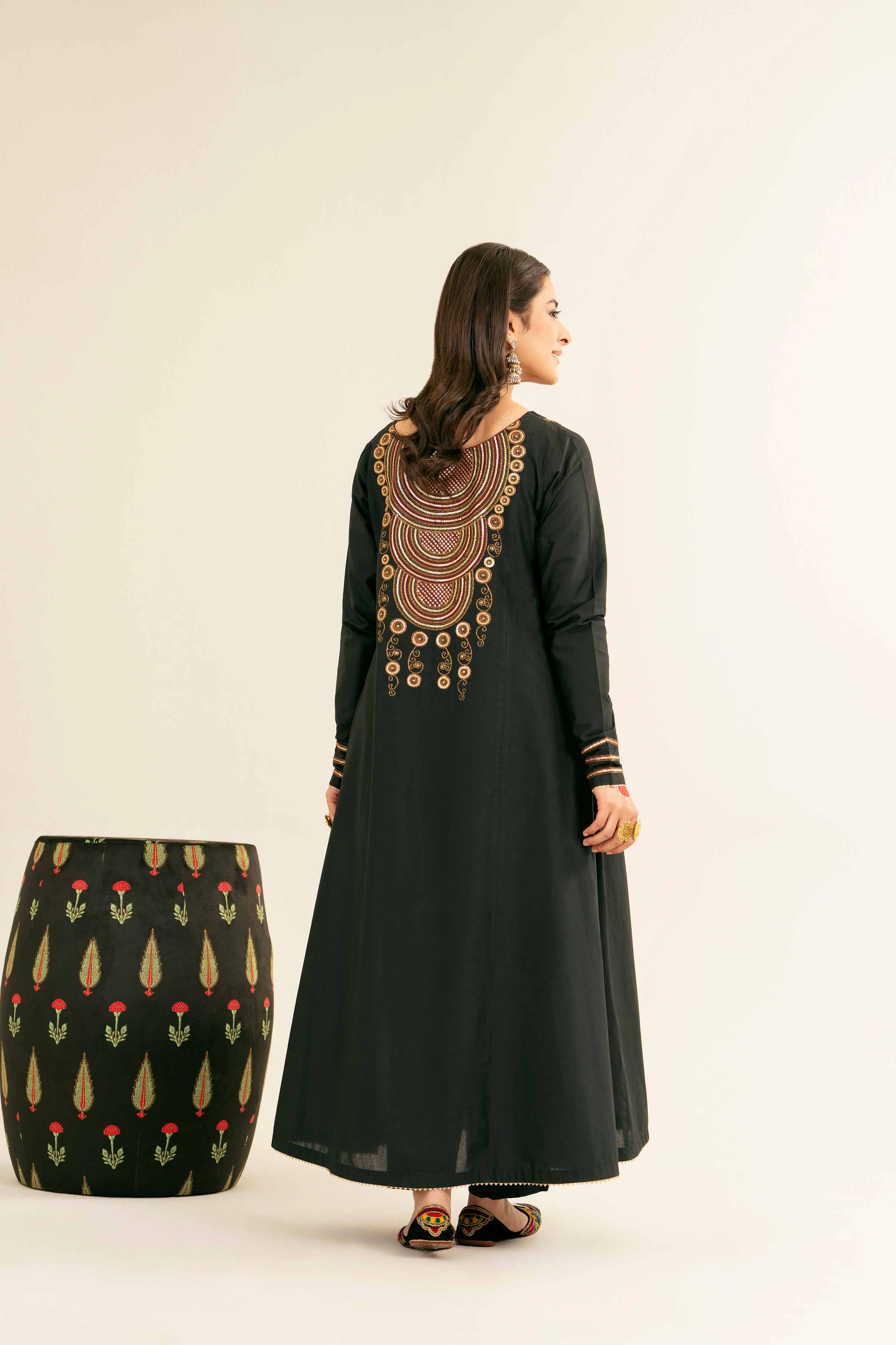 NishatUK - Black Embroidered Cambric 1-piece ready to wear Long Dress